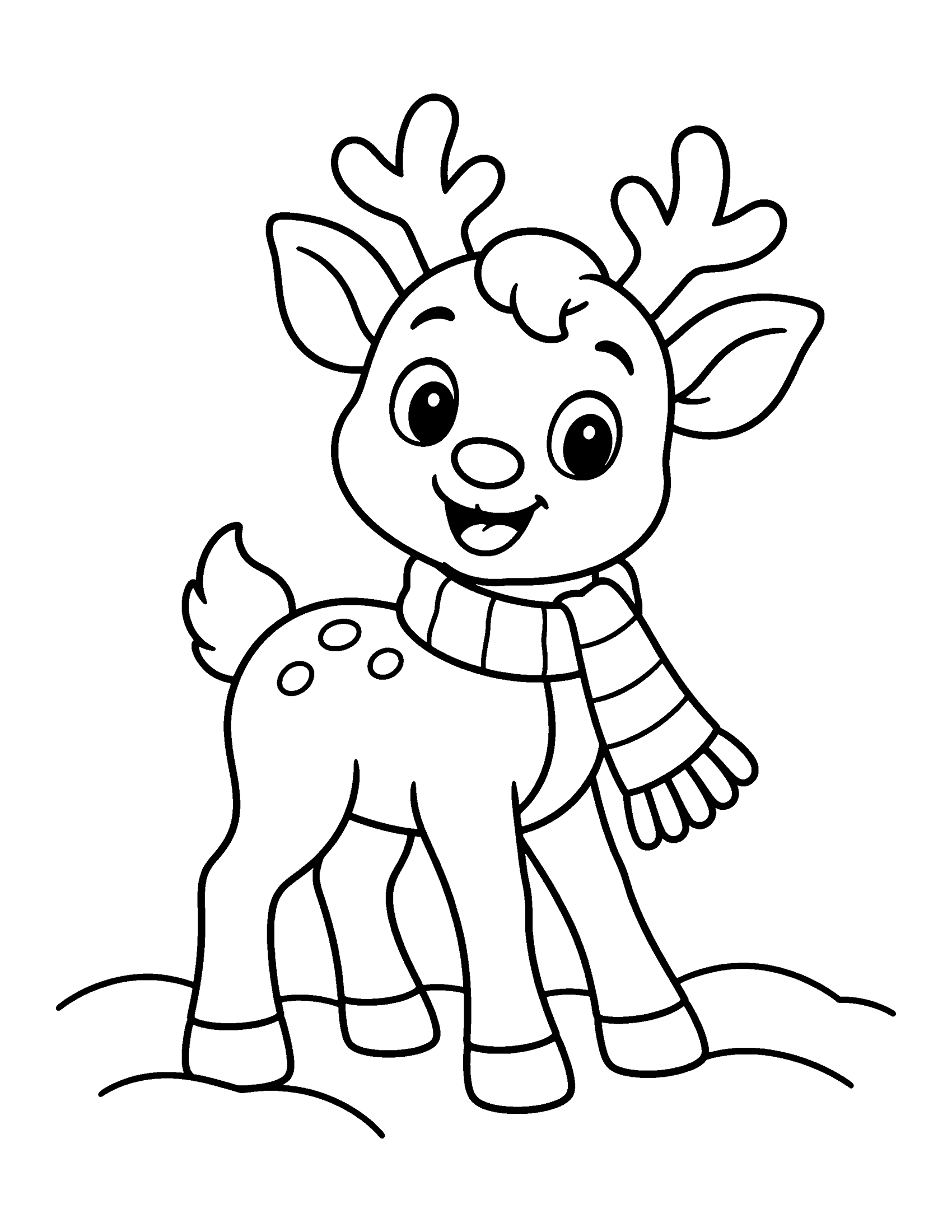Cute baby reindeer with small antlers and a striped scarf standing in the snow, coloring page