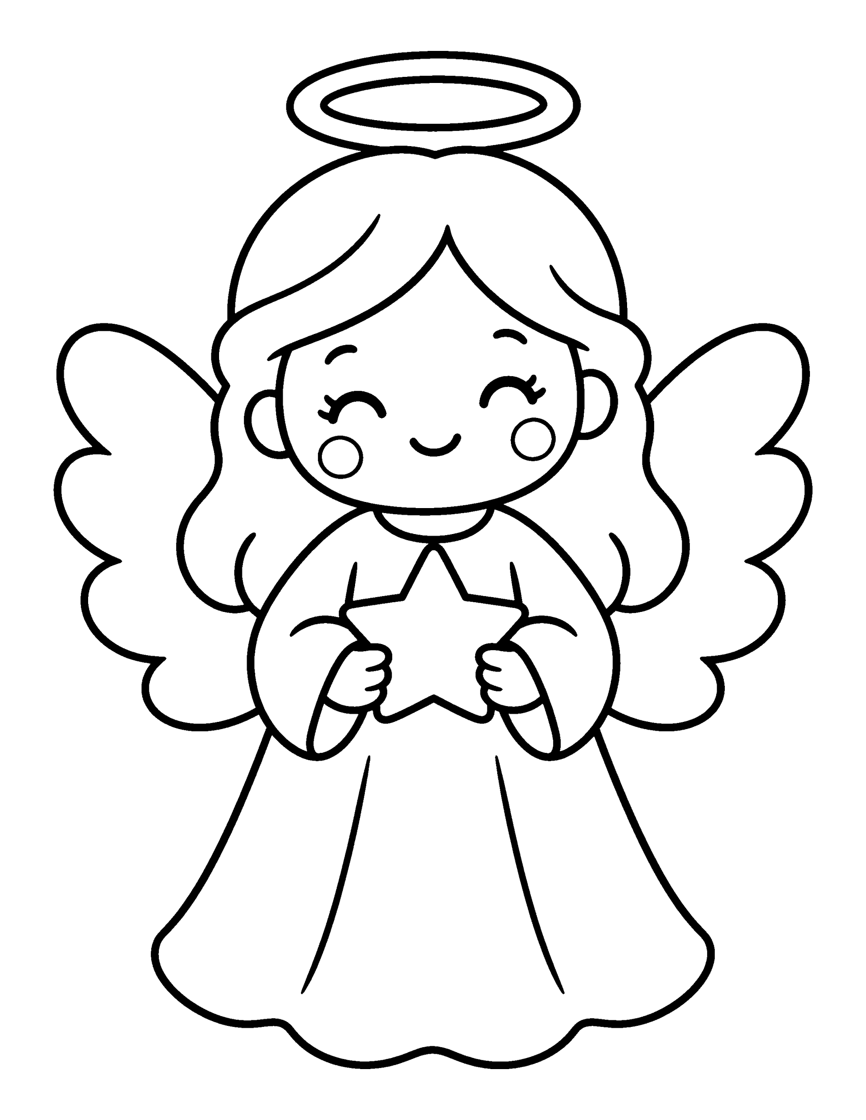 Smiling Christmas angel with wings and a halo holding a star, coloring page