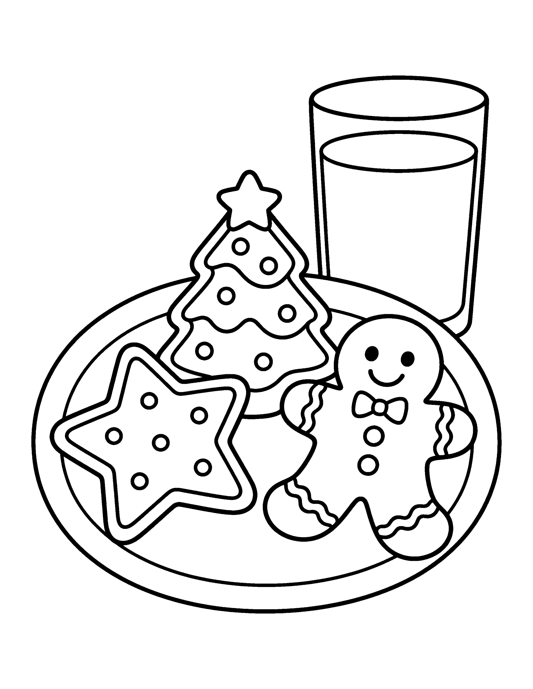 Plate of Christmas cookies shaped like a tree, a star and a gingerbread man with a glass of milk, coloring page