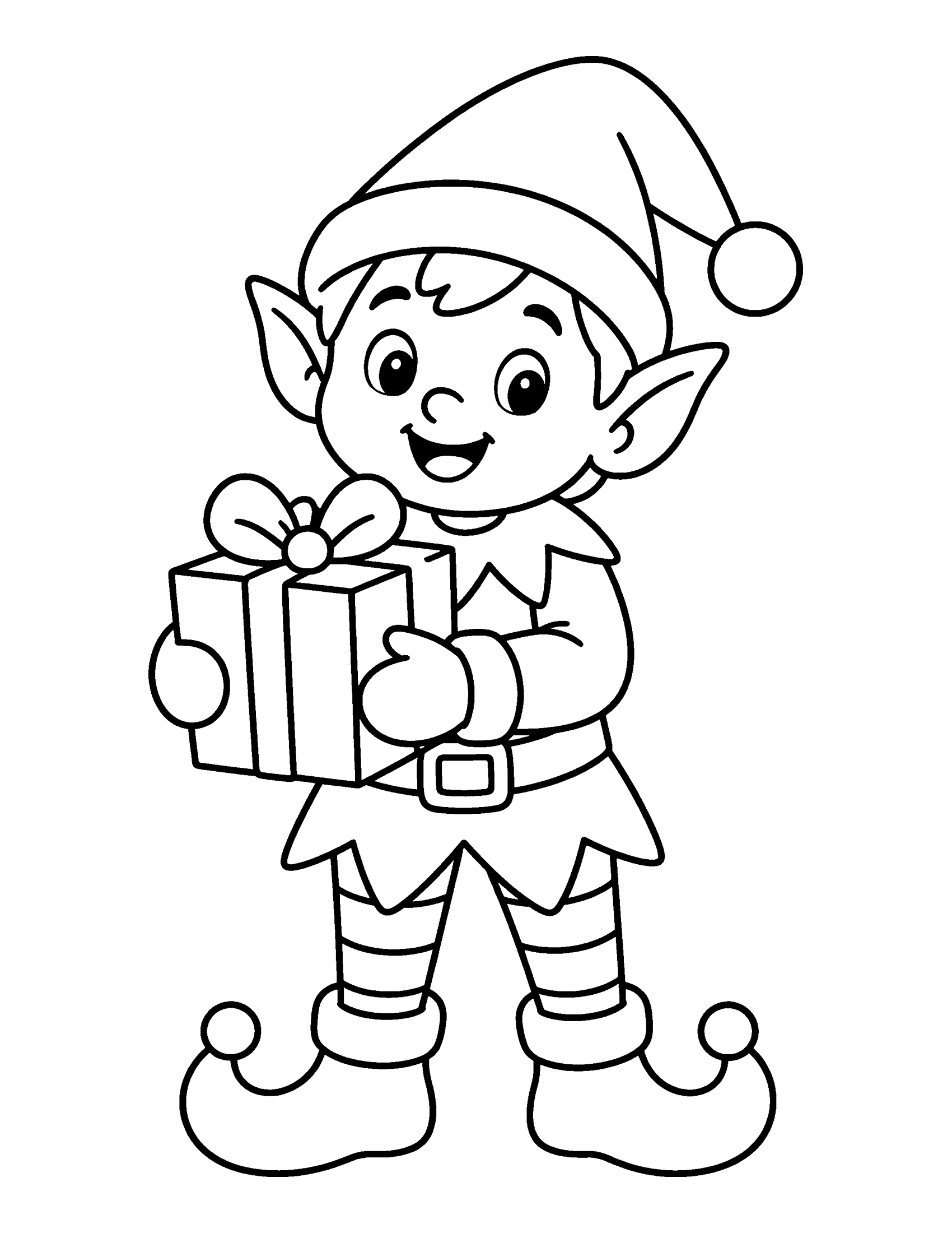 Smiling Christmas elf with pointed ears and curly shoes holding a wrapped present, coloring page