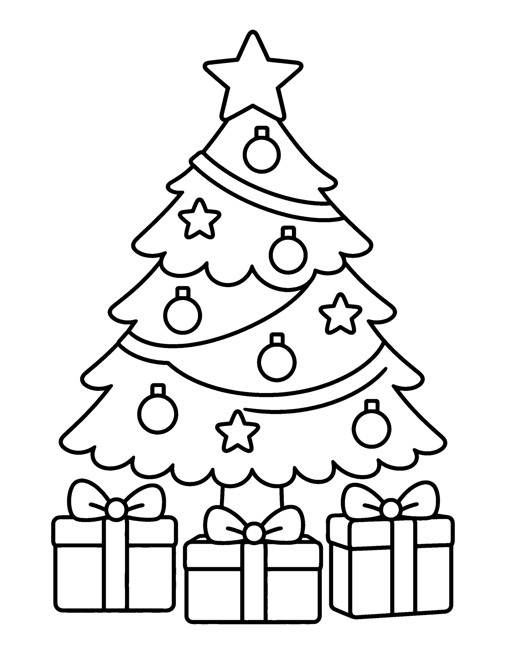 Decorated Christmas tree with a star on top and three wrapped presents underneath, coloring page