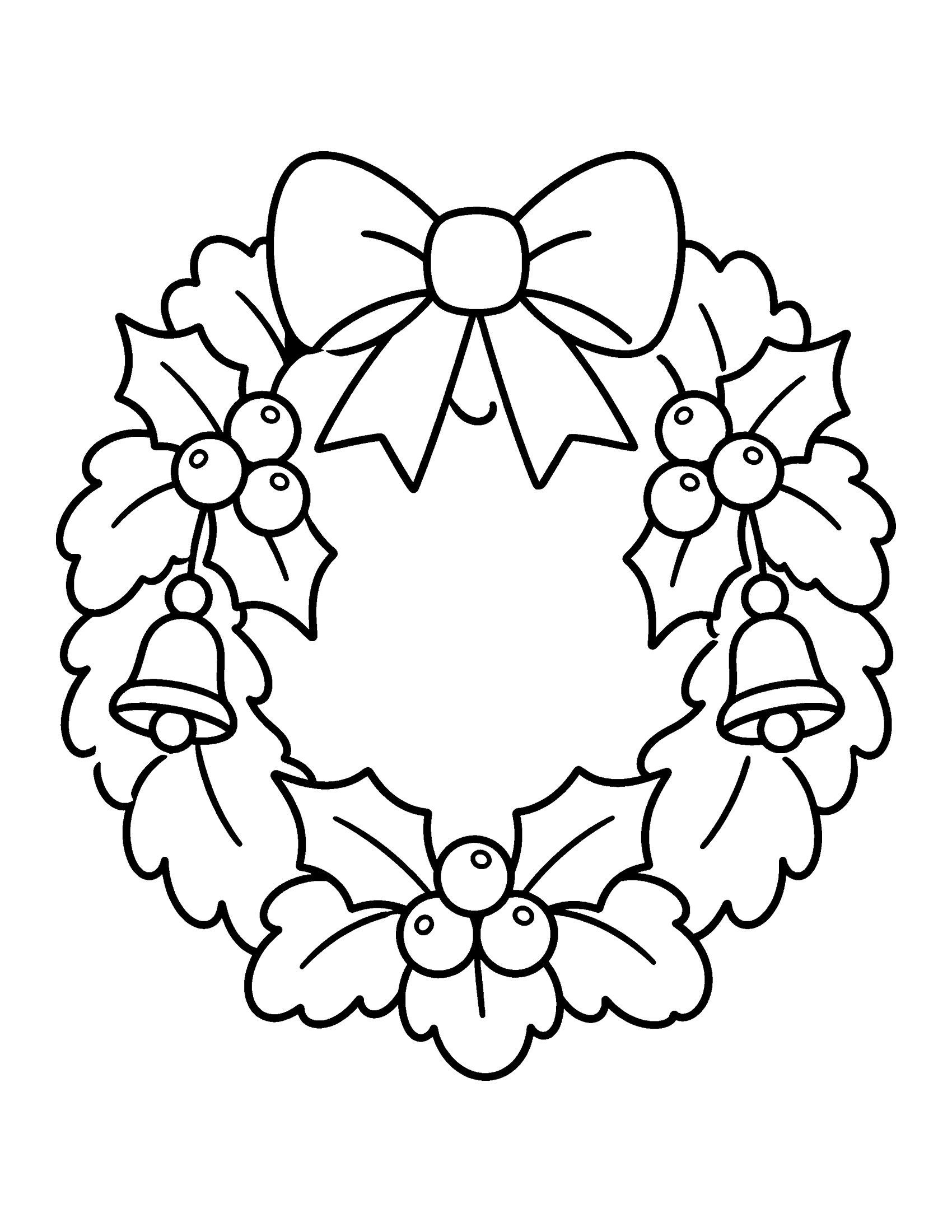 Christmas wreath of holly leaves with a bow, berries and two bells, coloring page