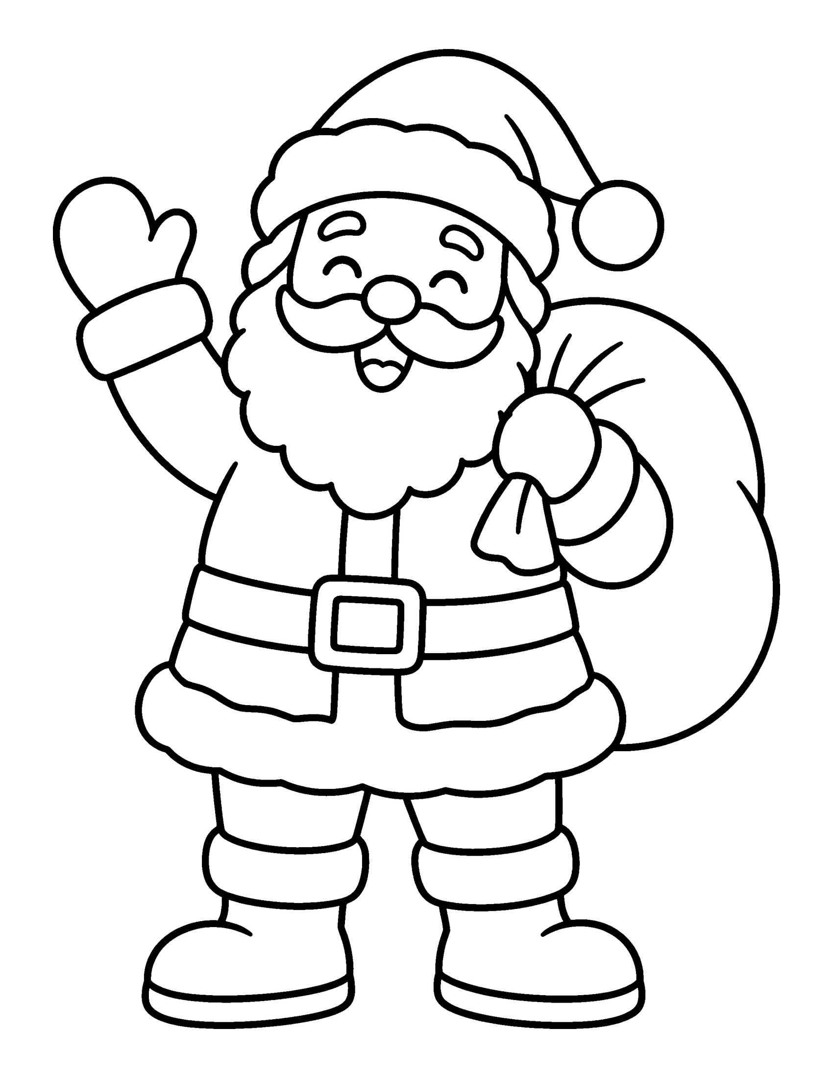 Smiling Santa Claus waving and carrying a sack over his shoulder, coloring page