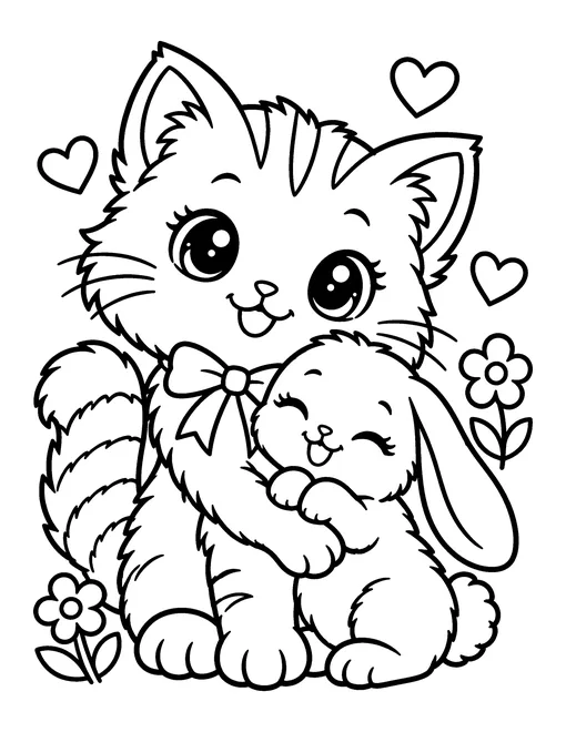 Cute kitten hugging a small bunny with long floppy ears, with hearts and flowers, coloring page