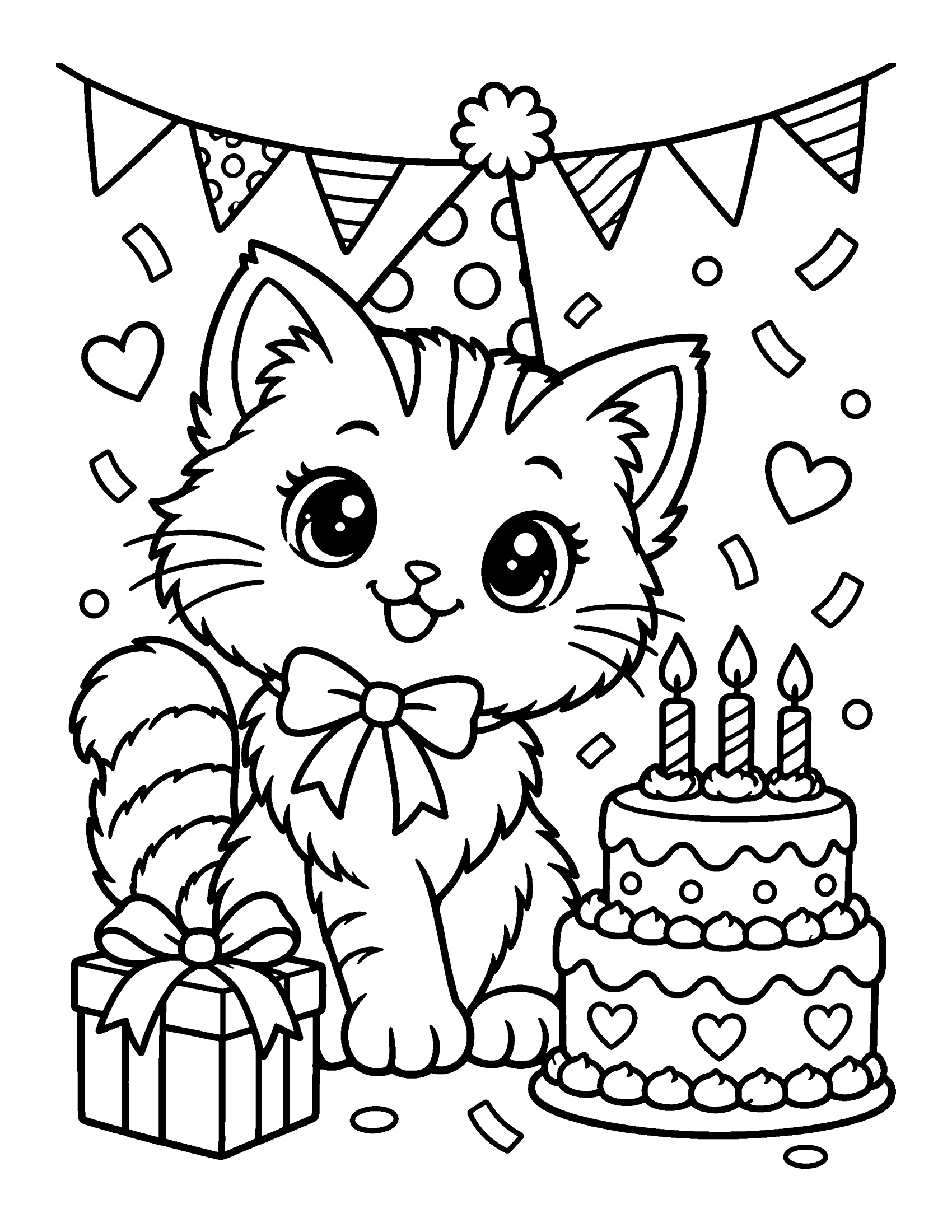 Cute kitten in a party hat next to a two-tier birthday cake with three candles, a present and bunting, coloring page