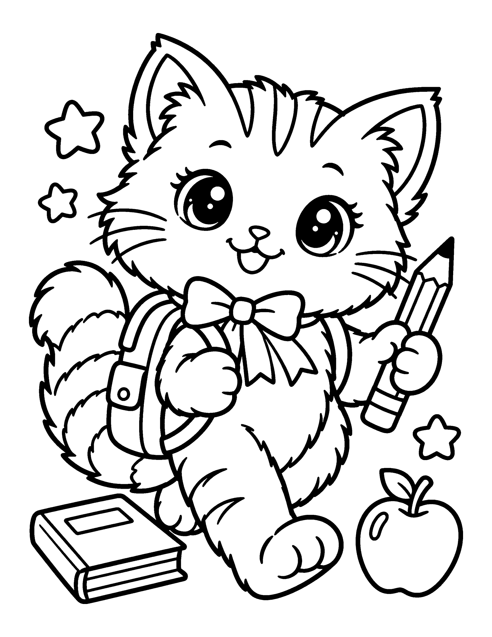 Cute kitten walking to school with a backpack and a pencil, next to a book and an apple, coloring page