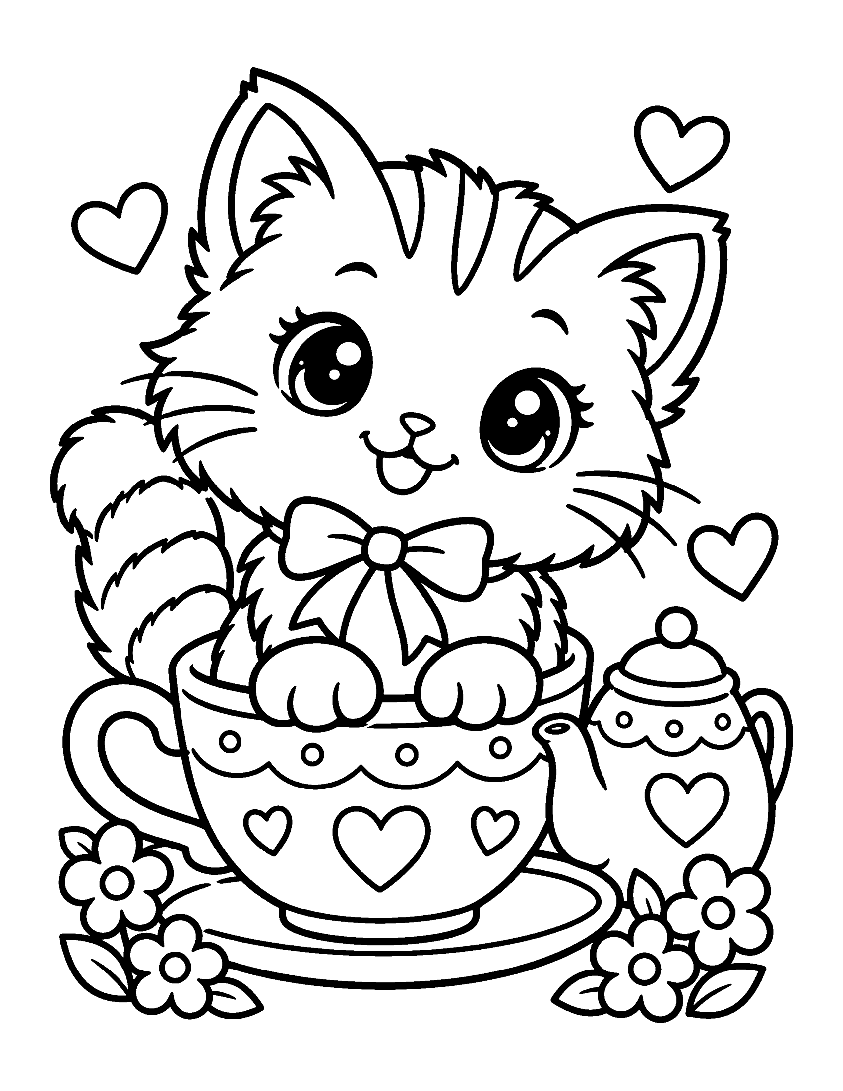 Cute kitten sitting inside a big teacup decorated with hearts, next to a teapot and flowers, coloring page
