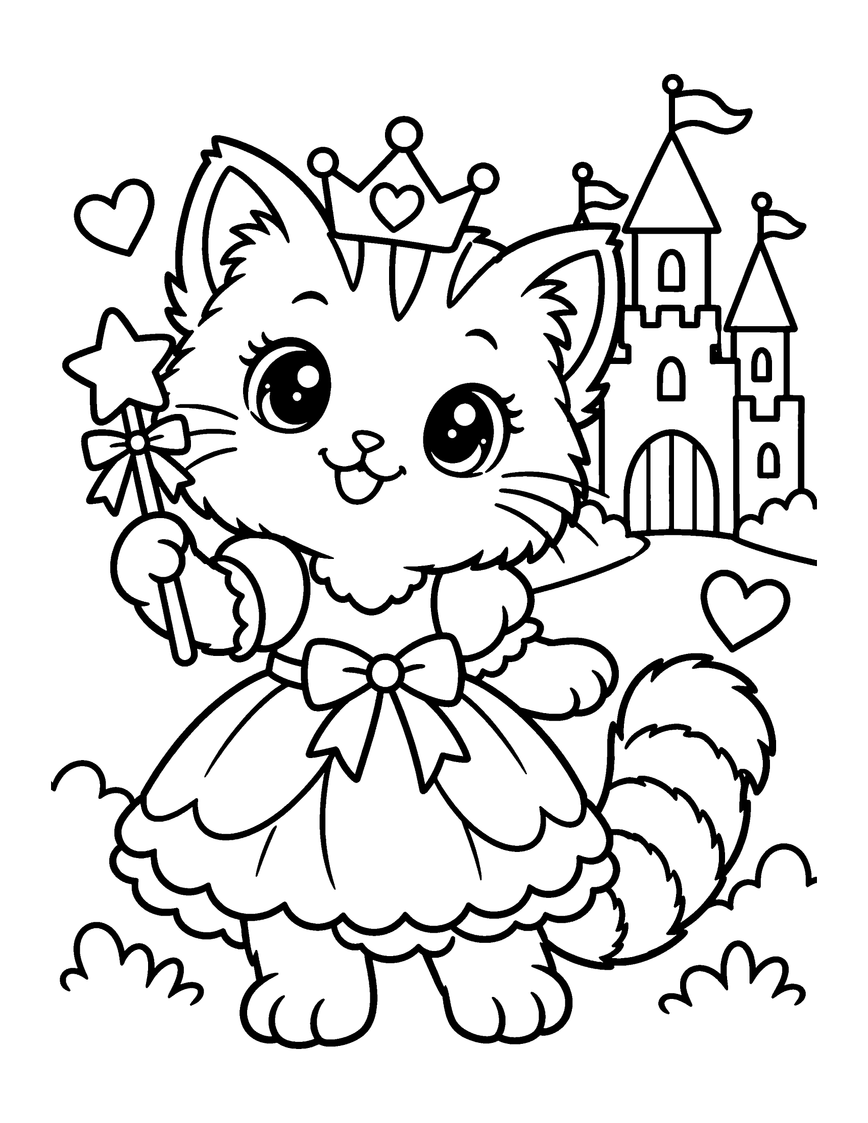 Cute kitten dressed as a princess with a crown, a ruffled dress and a star wand in front of a castle, coloring page