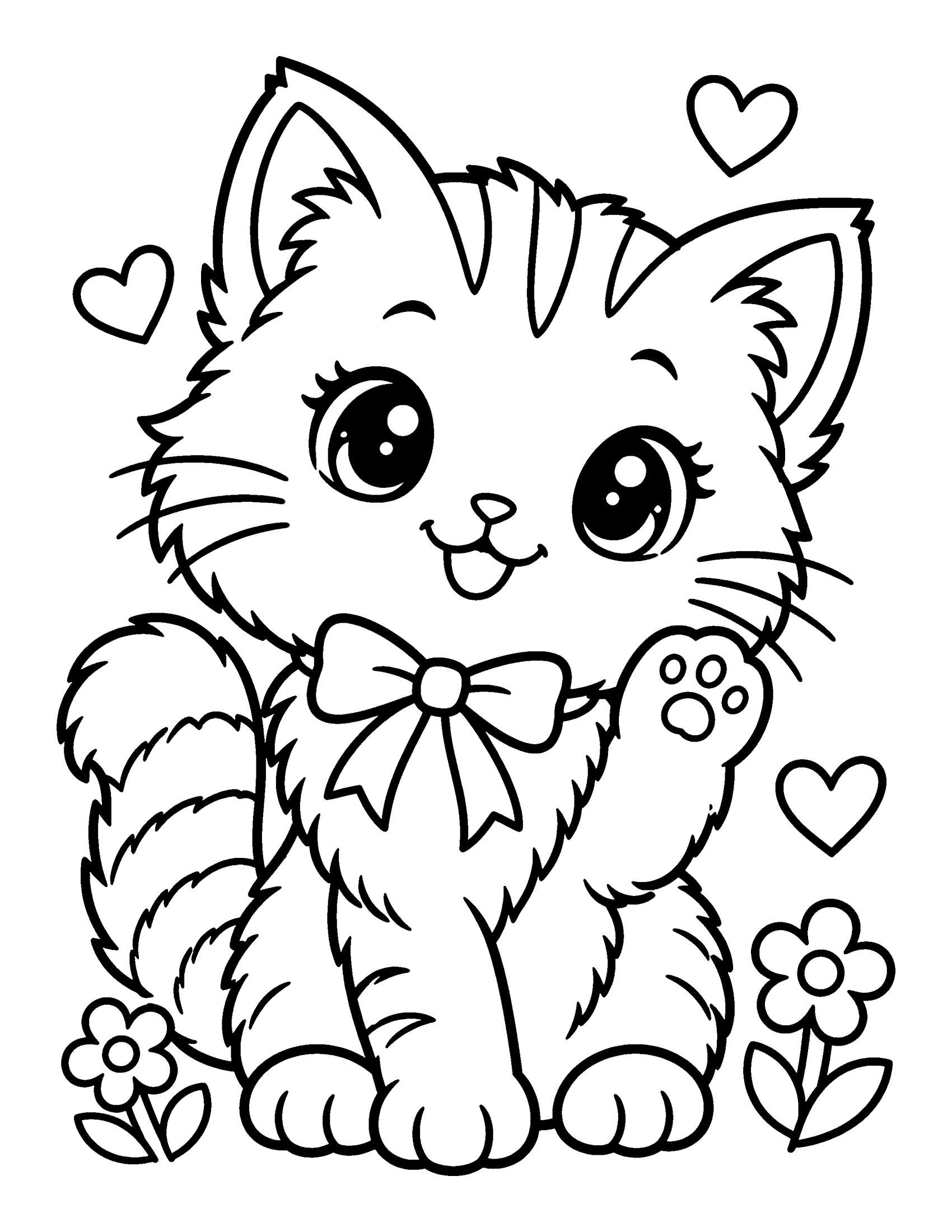 Cute fluffy kitten with a ribbon bow sitting and waving one paw, with hearts and flowers, coloring page