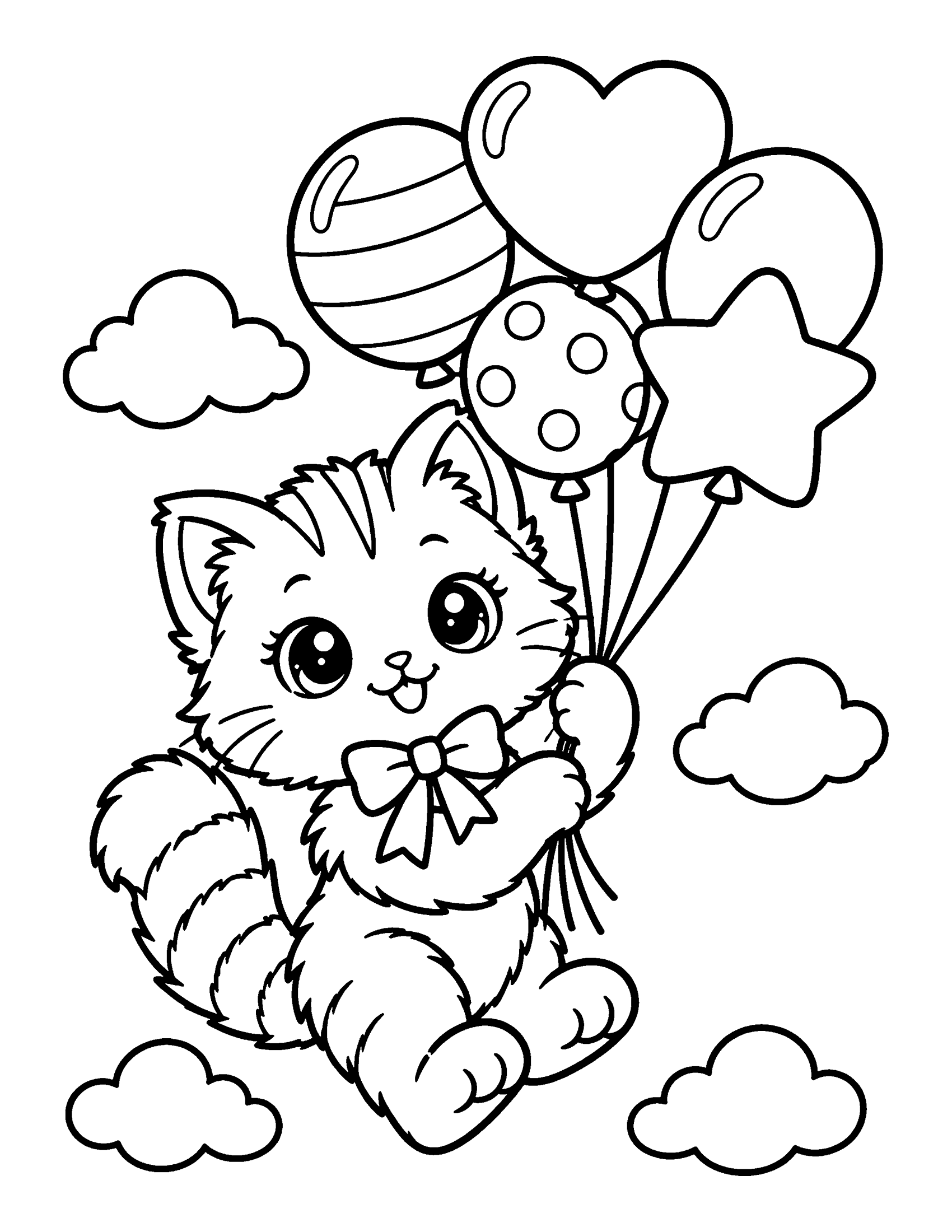 Cute kitten floating among clouds holding a bunch of round, heart and star balloons, coloring page
