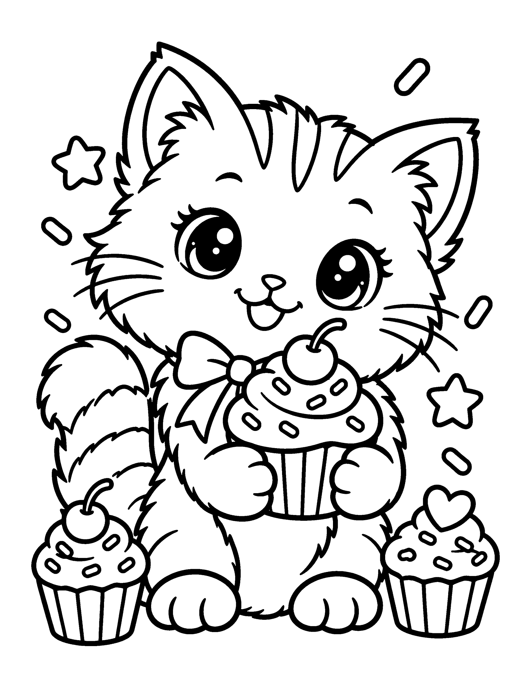 Cute kitten holding a cupcake with a cherry on top, with two more cupcakes, sprinkles and stars, coloring page
