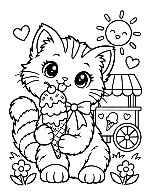 Cute kitten licking a three-scoop ice cream cone next to an ice cream cart under a smiling sun, coloring page
