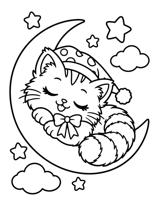 Cute kitten in a nightcap asleep on a crescent moon with stars and clouds, coloring page