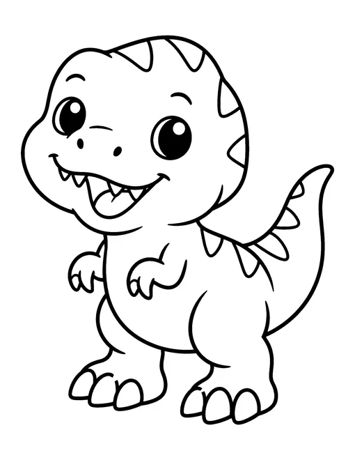 Cute baby T. rex dinosaur with a big head, small arms and spikes along its back, coloring page