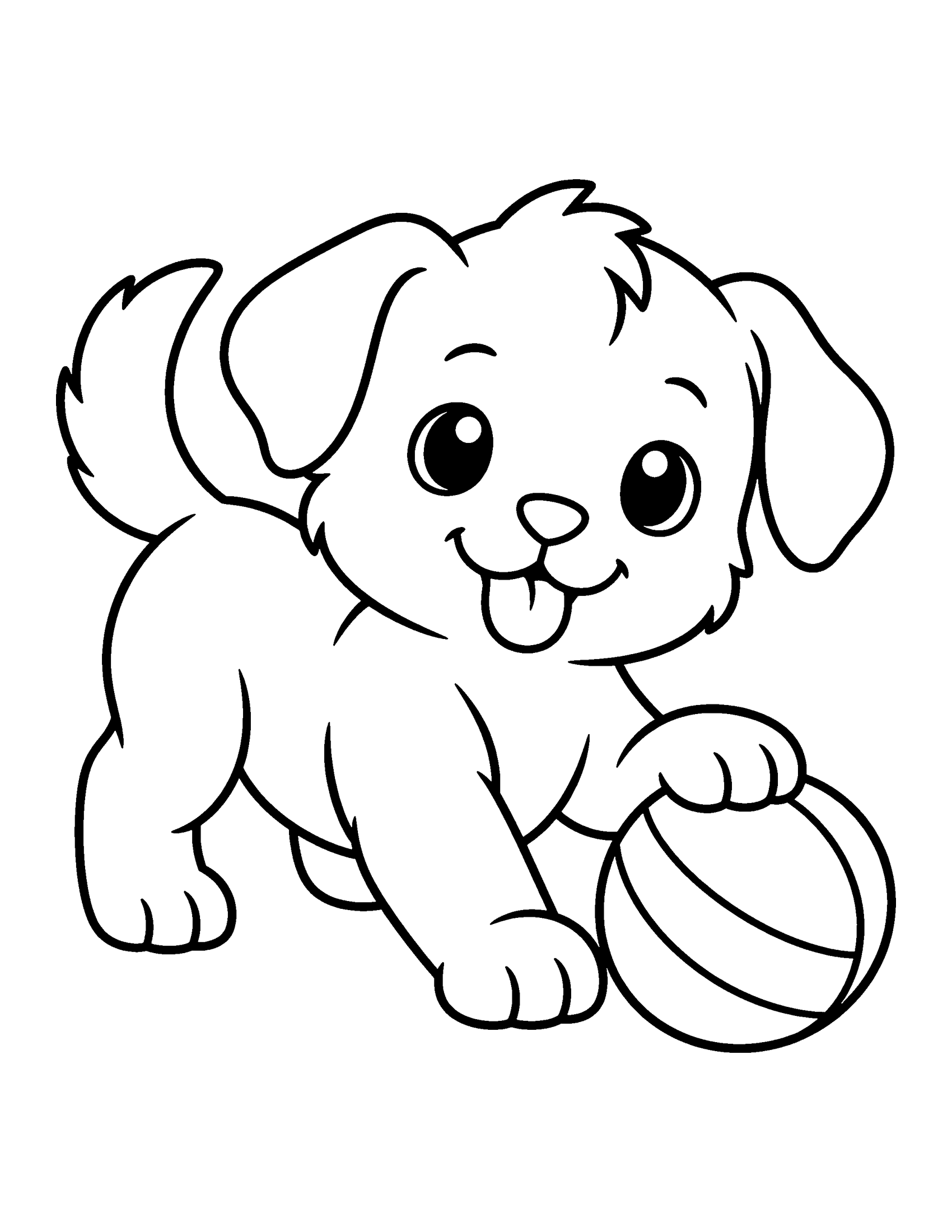 Playful puppy with floppy ears resting one paw on a striped ball, coloring page