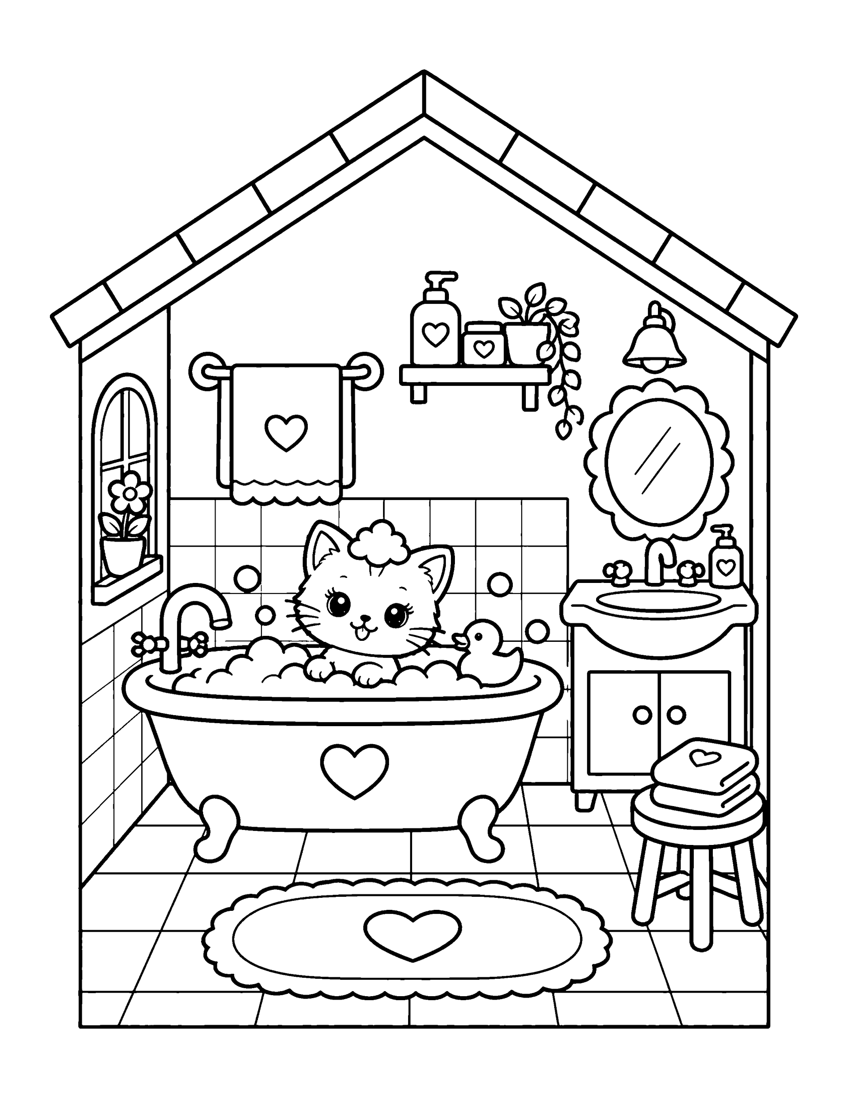 Dollhouse bathroom with a kitten doll in a bubble bath, a rubber duck, a sink with a mirror and a towel, coloring page
