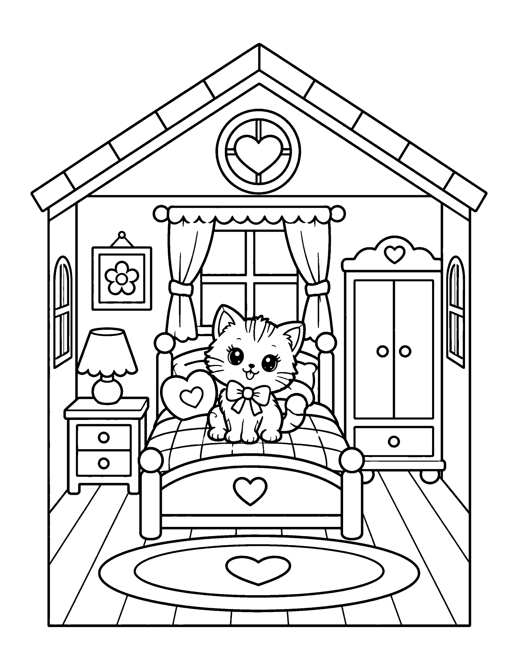 Dollhouse bedroom with a bed, a kitten doll, a lamp, a wardrobe, a window with curtains and a heart rug, coloring page