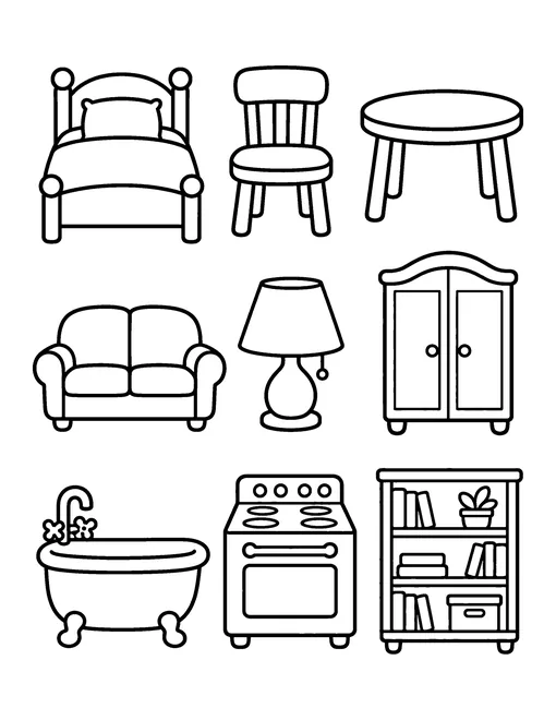 Nine pieces of dollhouse furniture: bed, chair, table, sofa, lamp, wardrobe, bathtub, stove and bookshelf, coloring page