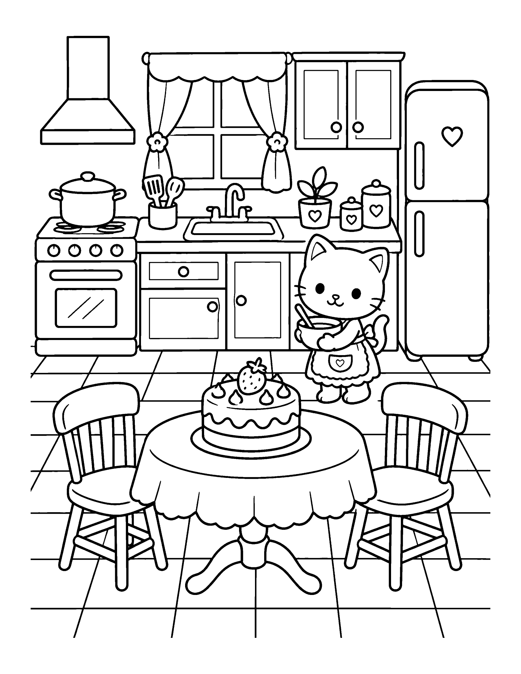 Dollhouse kitchen with a stove, fridge, sink, cupboards and a table with a cake, and a kitten doll in an apron, coloring page