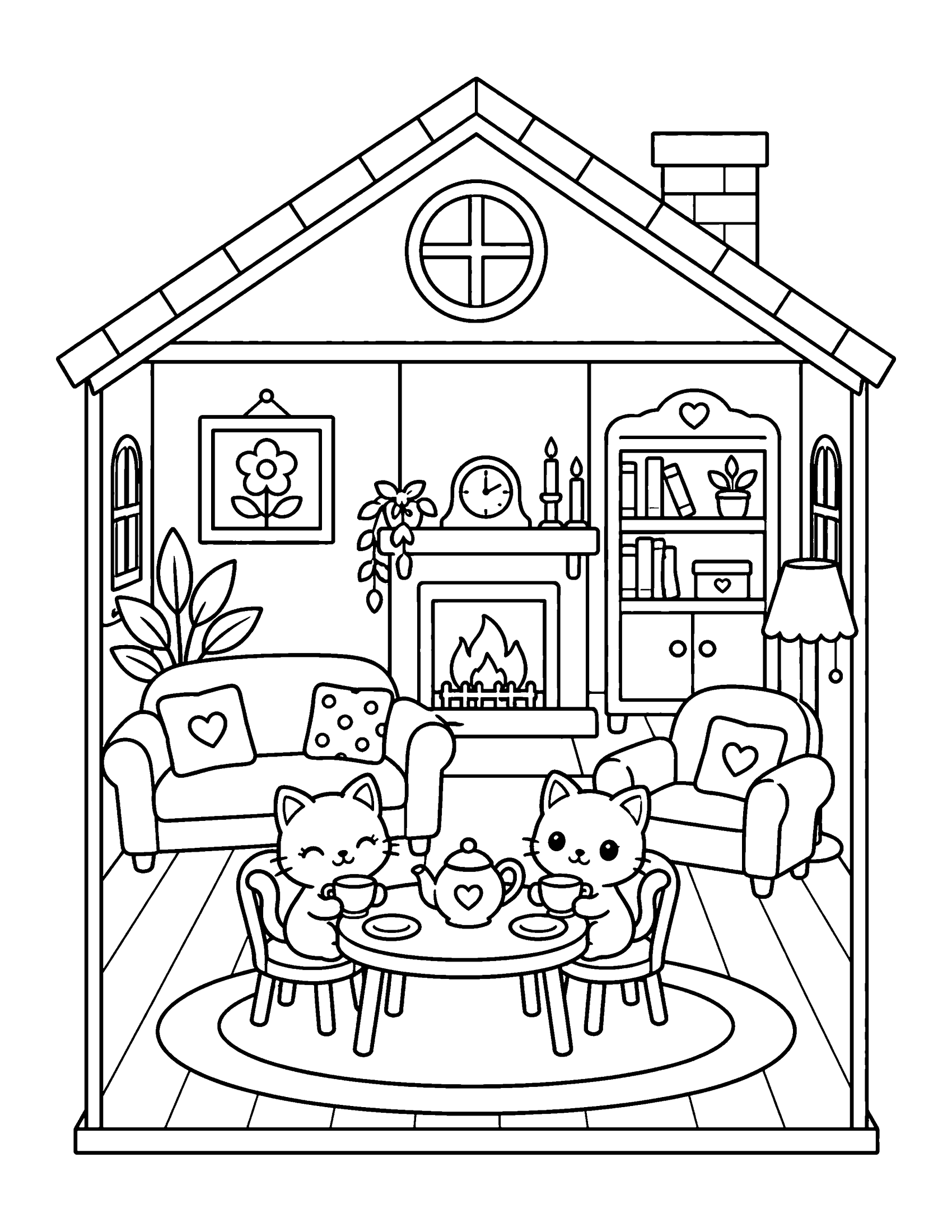 Dollhouse living room with a sofa, armchair, fireplace, bookshelf and two kitten dolls having tea, coloring page