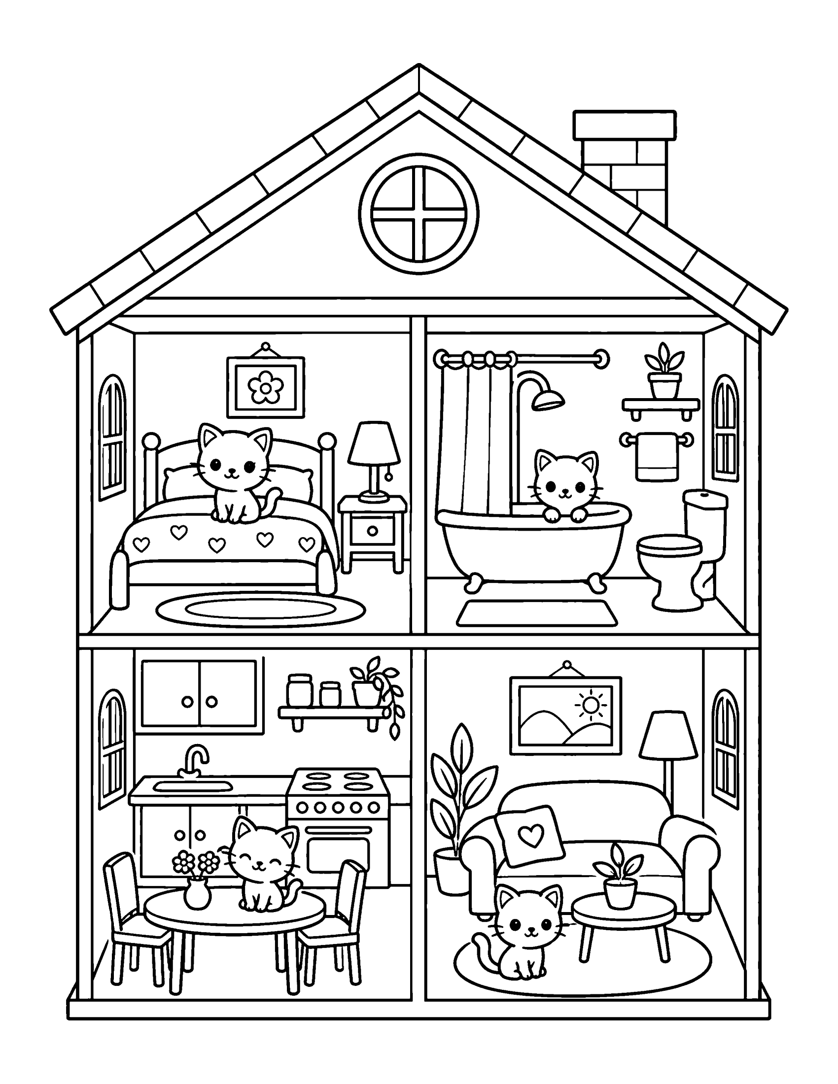 Open two-storey dollhouse with a bedroom, bathroom, kitchen and living room and small kitten dolls in the rooms, coloring page