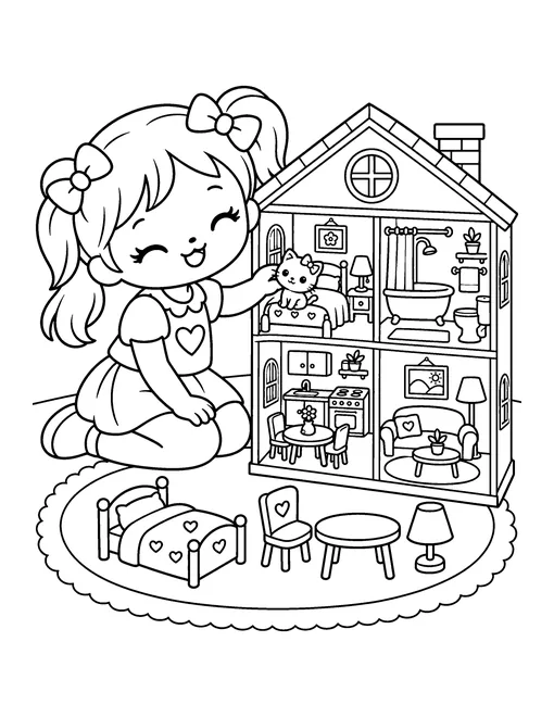 Smiling girl with pigtails kneeling beside an open dollhouse and placing a kitten doll in the bedroom, with toy furniture on the rug, coloring page