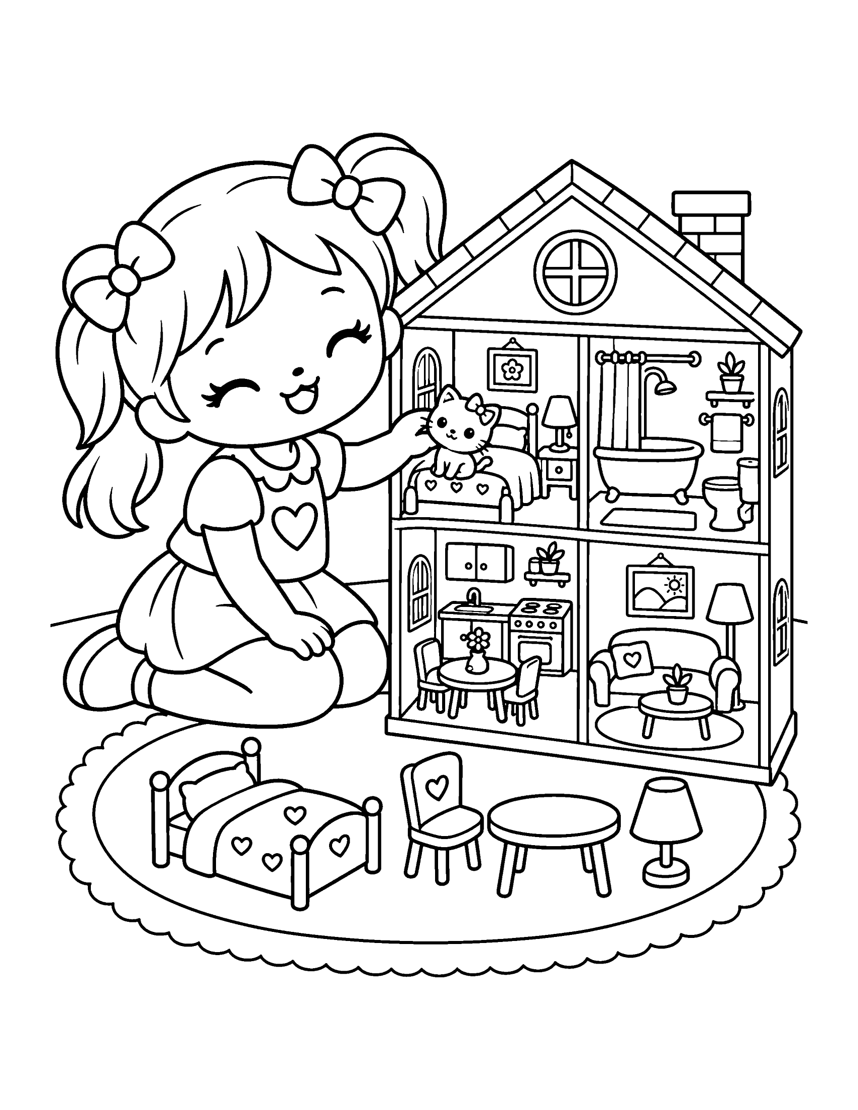 Smiling girl with pigtails kneeling beside an open dollhouse and placing a kitten doll in the bedroom, with toy furniture on the rug, coloring page