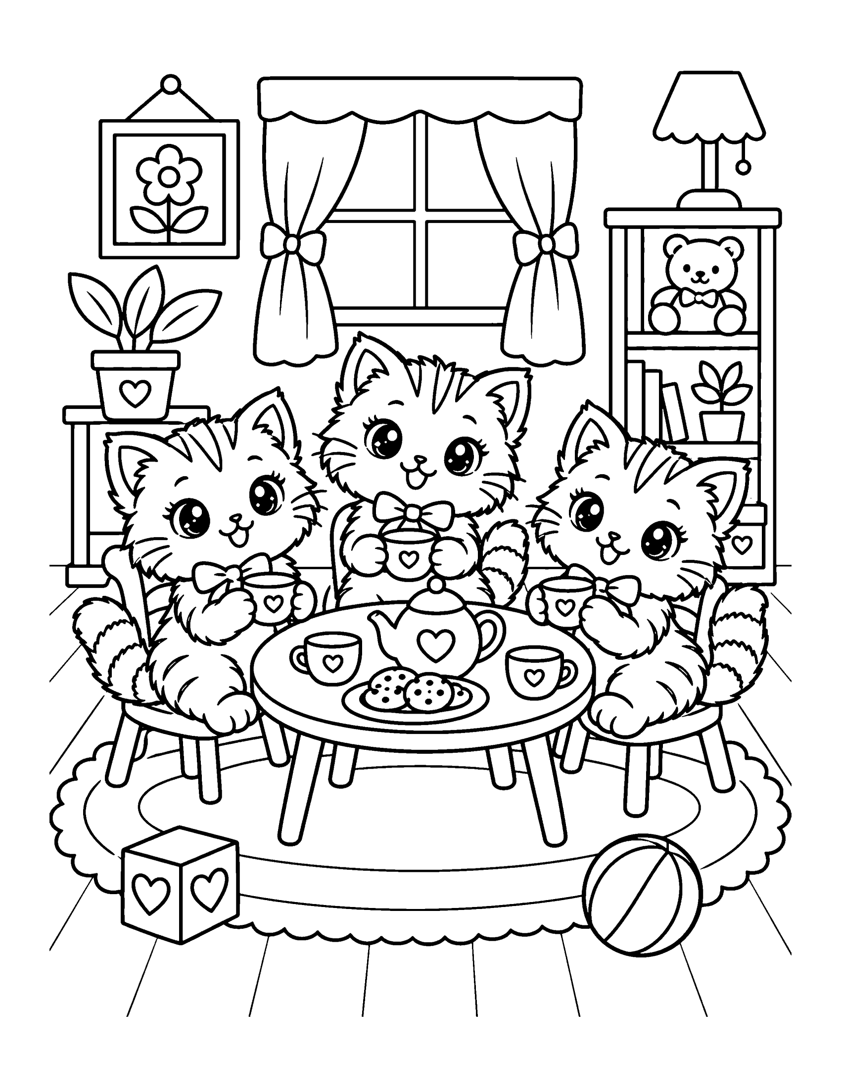Three fluffy striped kitten dolls having a tea party at a round table with a teapot, cups and cookies, coloring page