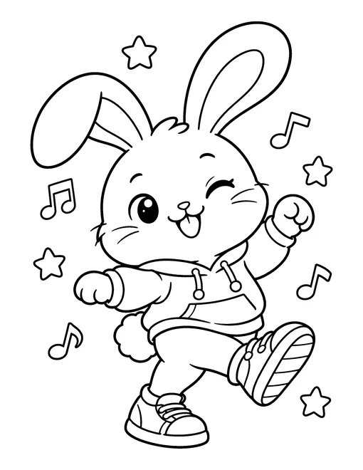 A round bunny in a tiny hoodie and sneakers shows off a dance move, coloring page