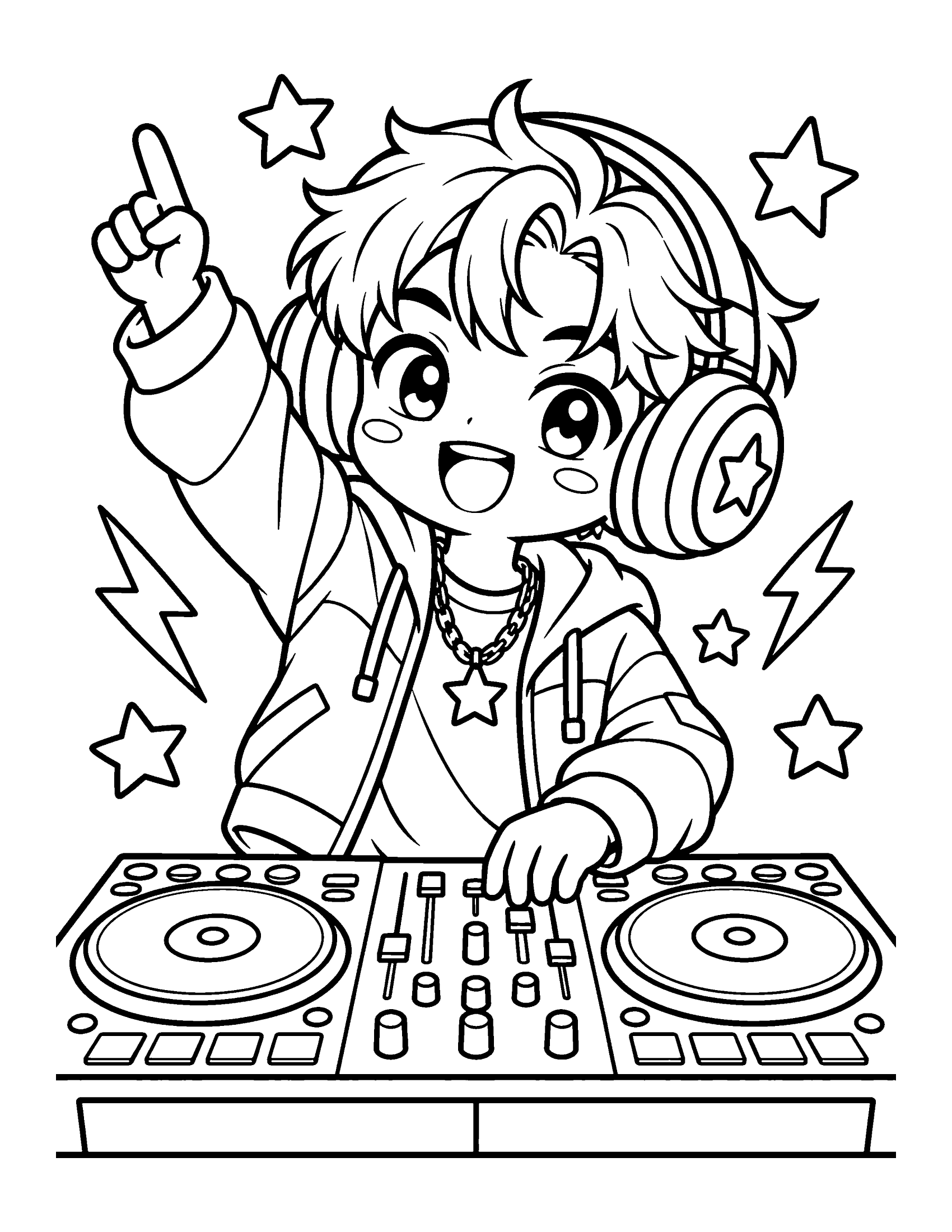 A chibi DJ in big headphones works two turntables with one hand in the air, coloring page