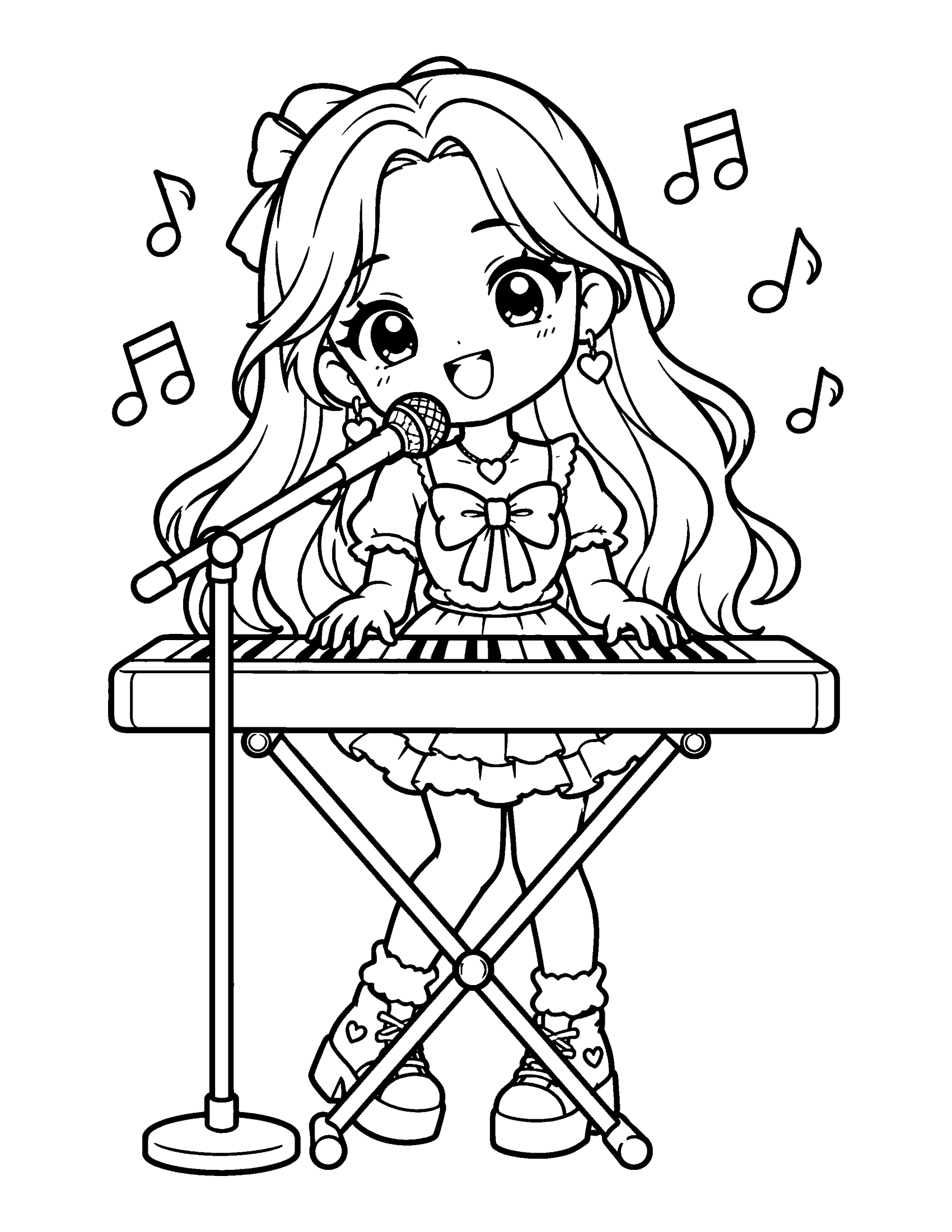 A chibi idol sings while playing a keyboard on a stand, with music notes floating up, coloring page