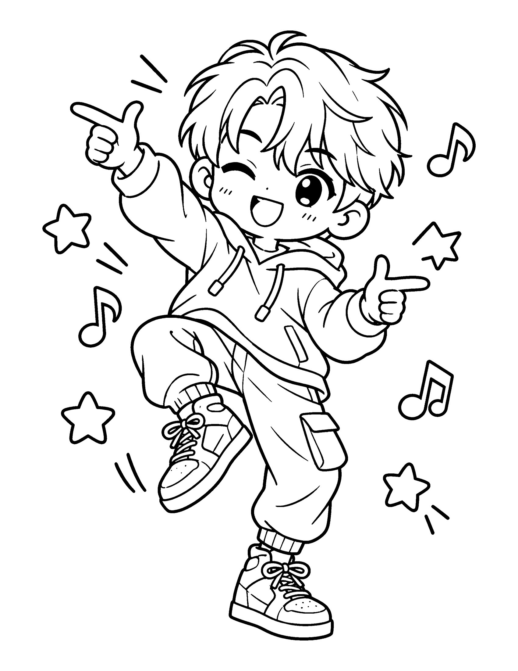 A chibi idol in a hoodie and sneakers balances on one leg mid-dance, with stars and music notes, coloring page