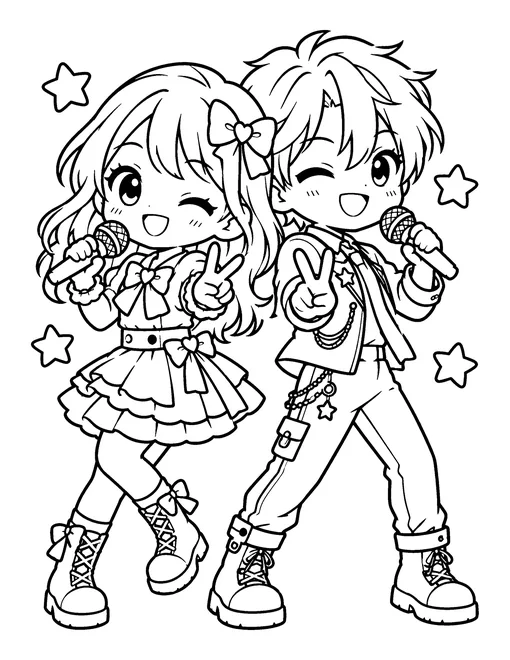 Two chibi idols stand back to back with microphones and peace signs, coloring page