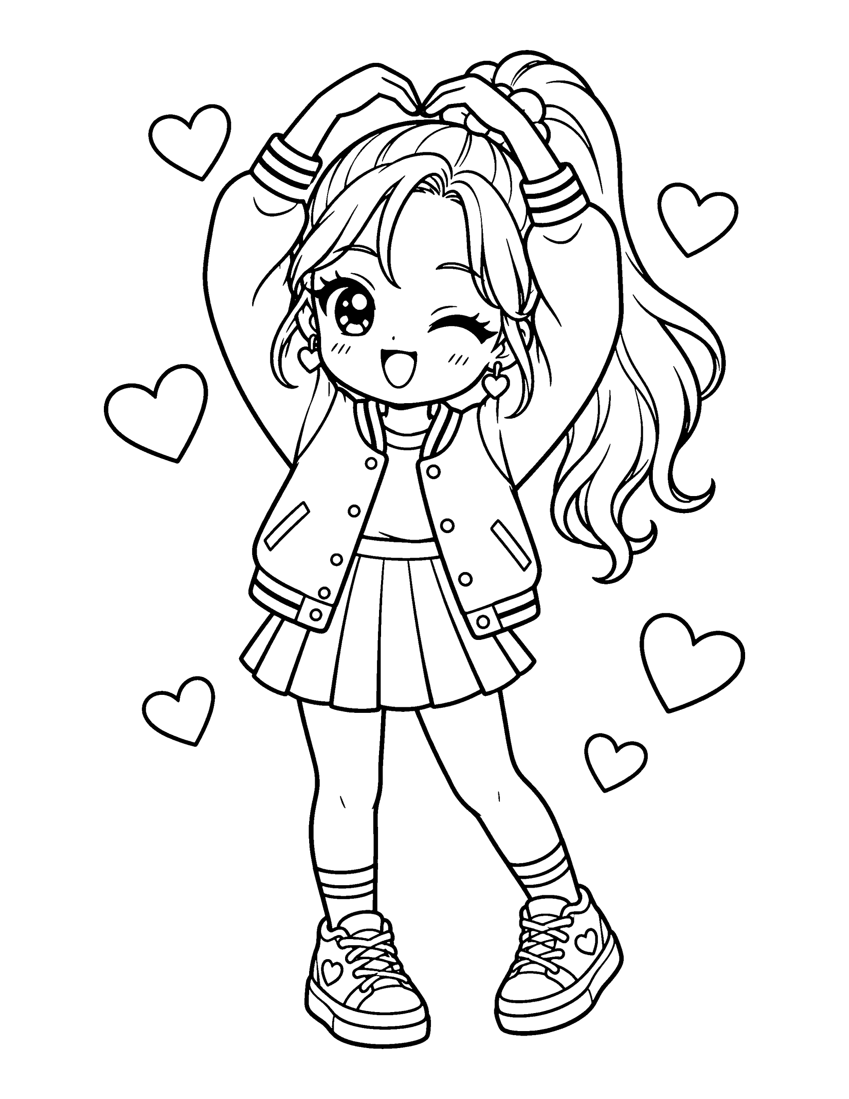 A chibi idol in a varsity jacket makes a big heart above her head with both arms, coloring page
