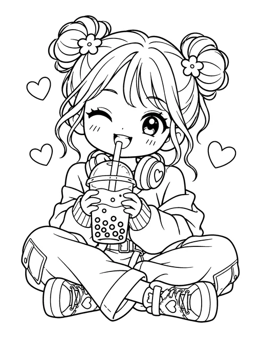 A chibi idol with two buns takes a break with a big bubble tea, headphones around her neck, coloring page