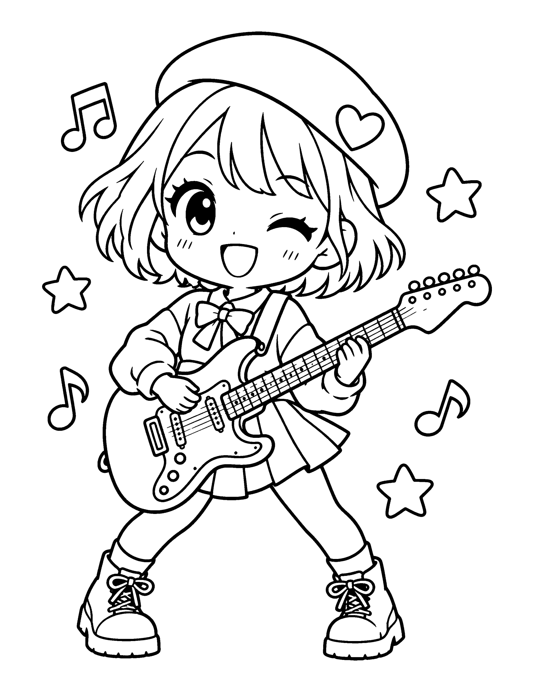 A chibi idol in a beret plays an electric guitar, with stars and music notes around her, coloring page