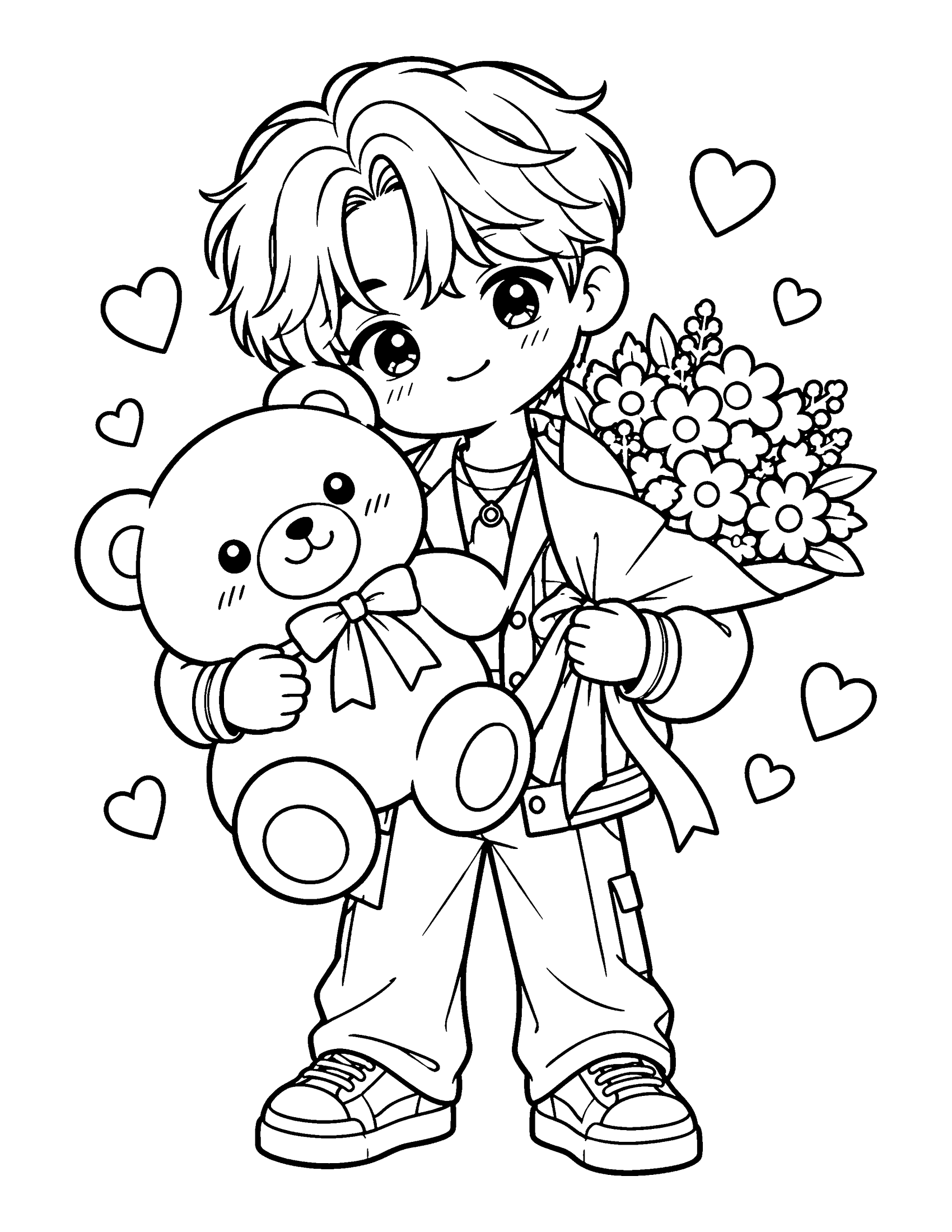 A chibi idol hugs a big teddy bear and a bouquet from a fan, smiling shyly, coloring page