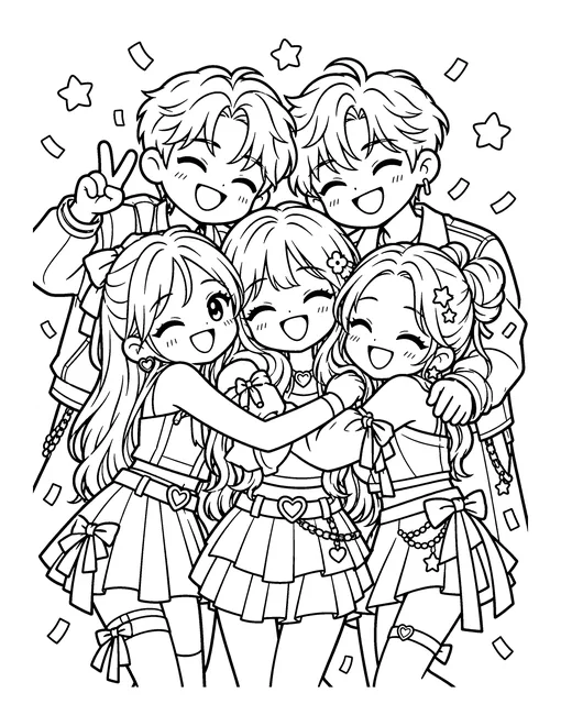 Five chibi group members squeeze into one happy group hug while confetti falls, coloring page