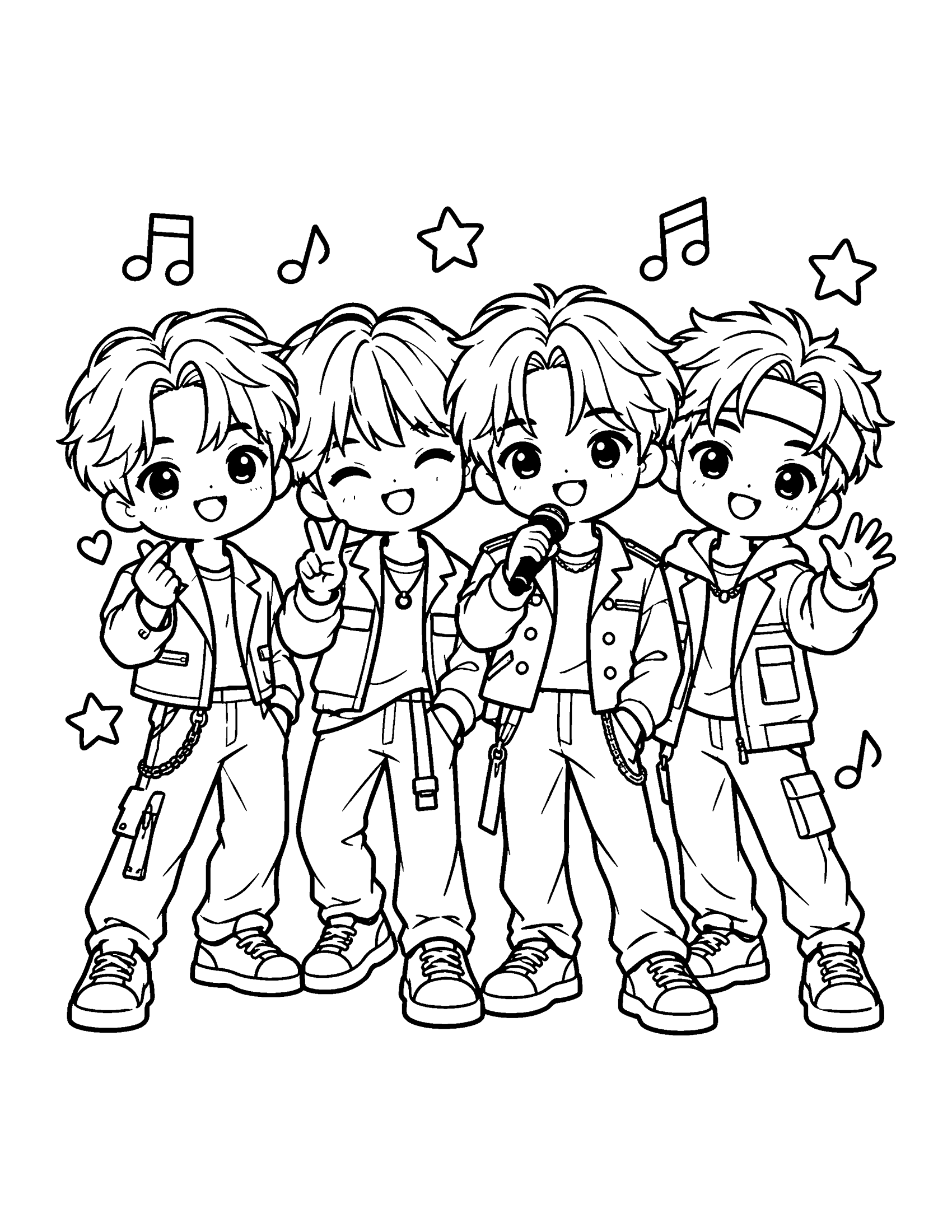 Cute chibi K-pop boy group of four members in jackets making a finger heart, a peace sign and a wave, coloring page