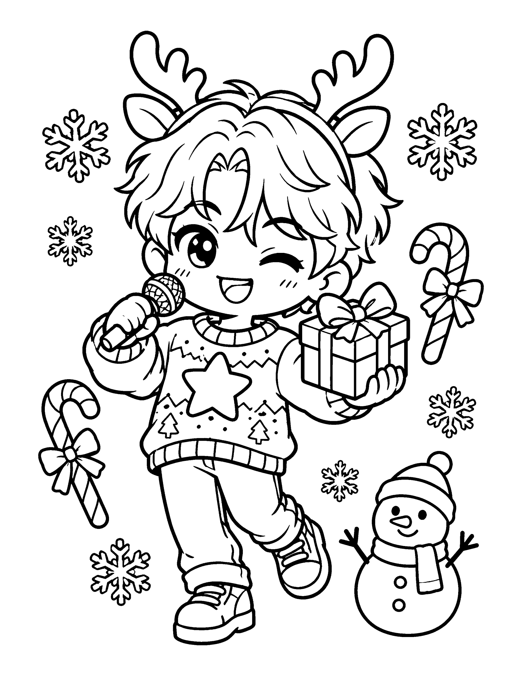 Cute chibi K-pop idol boy in reindeer antlers and a Christmas sweater holding a microphone and a present, with candy canes and a snowman, coloring page