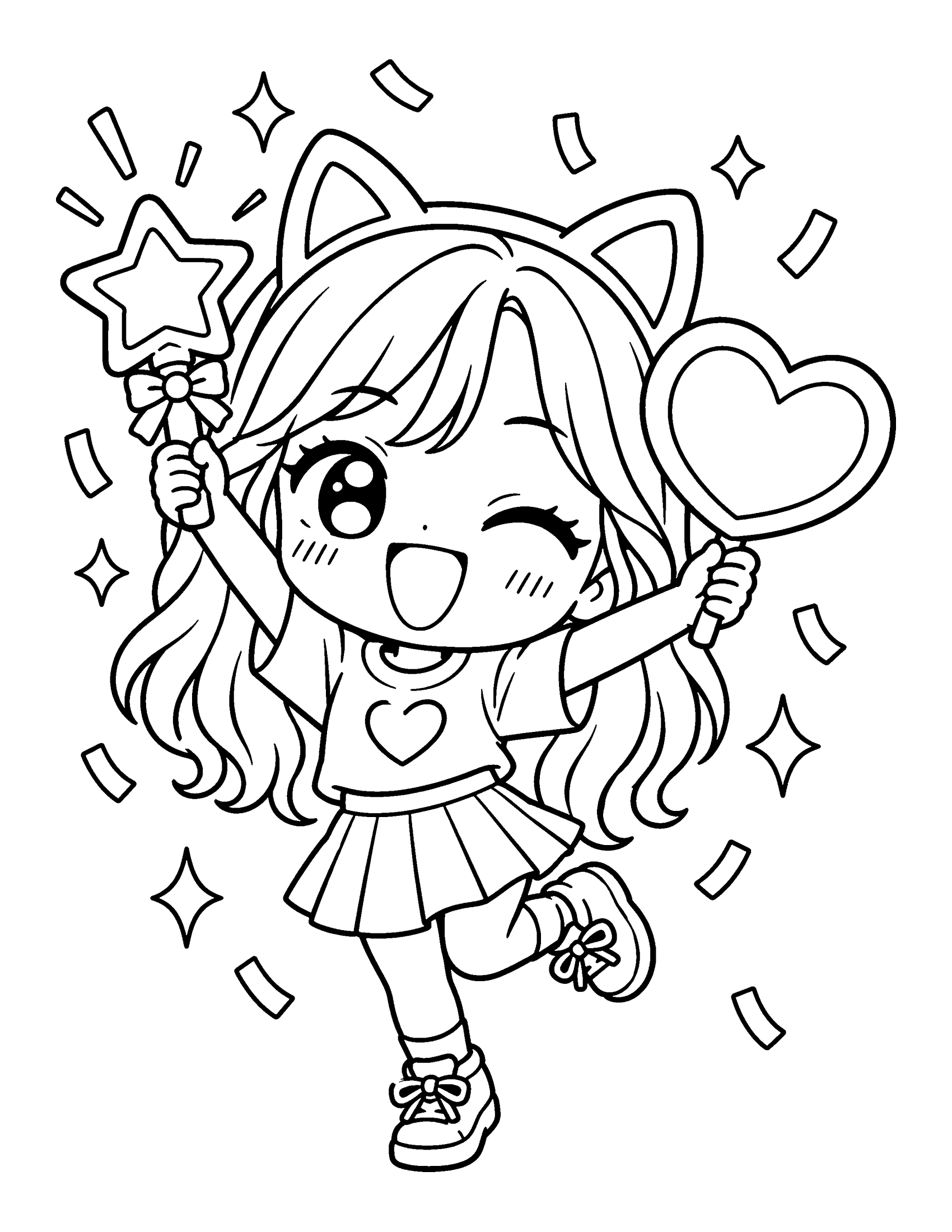 Cute chibi K-pop fan in a cat ear headband cheering with a star light stick and a heart banner, coloring page