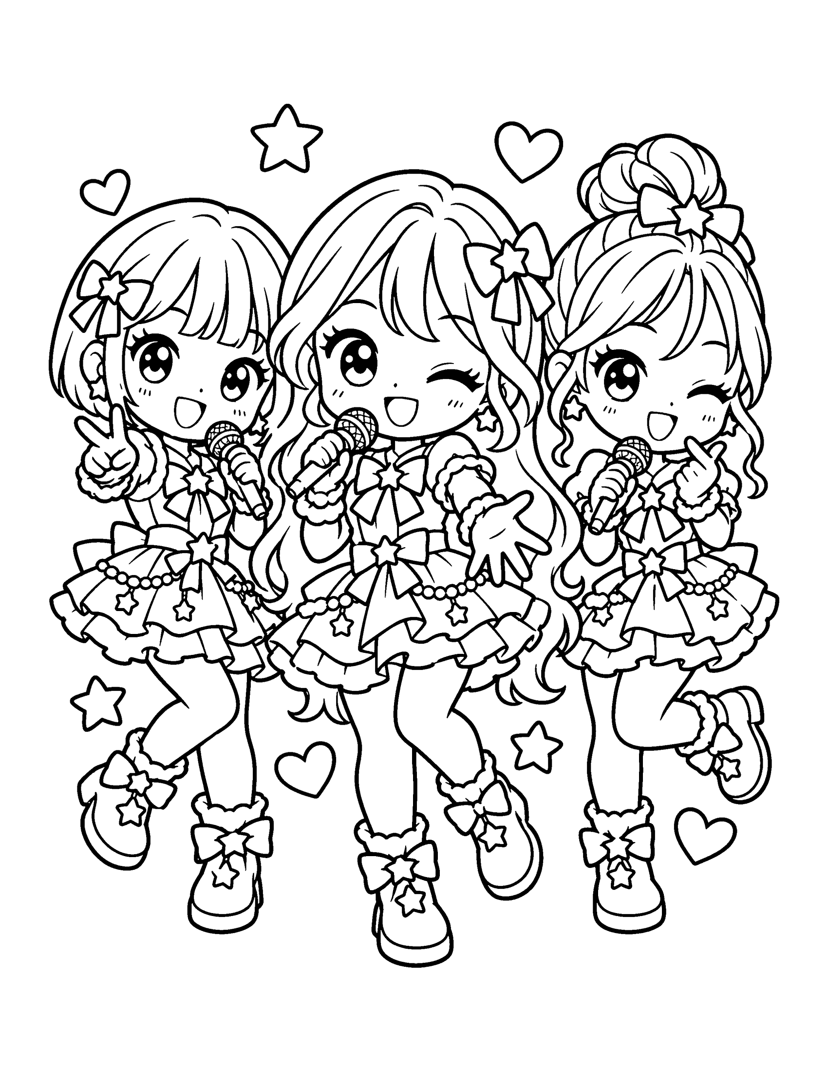 Cute chibi K-pop girl group of three members with microphones in matching ruffled stage outfits, coloring page