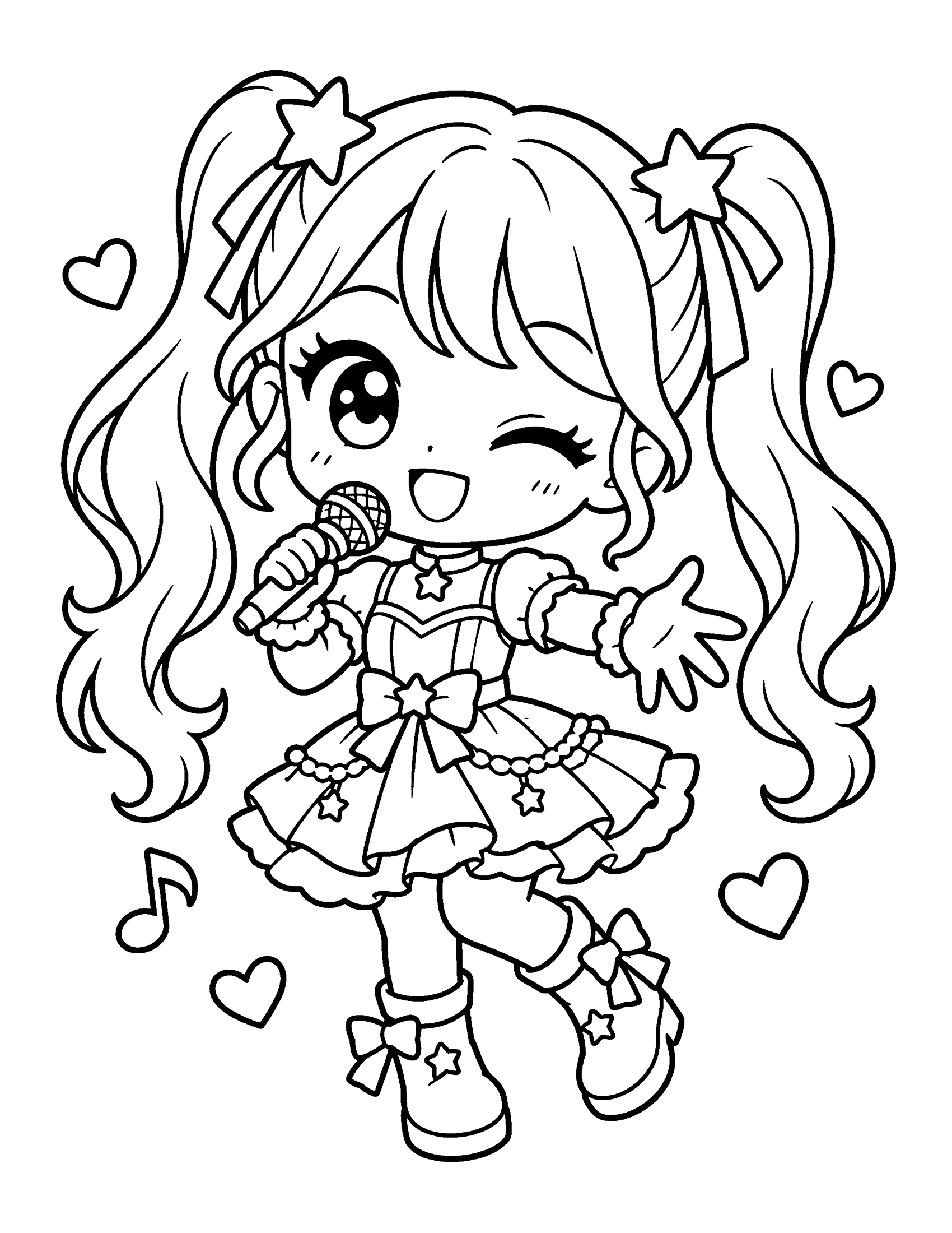 Cute chibi K-pop girl idol with long pigtails and star bows singing into a microphone and winking, coloring page