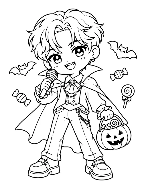A chibi idol dressed as a little vampire holds a microphone and a pumpkin bucket of candy, coloring page