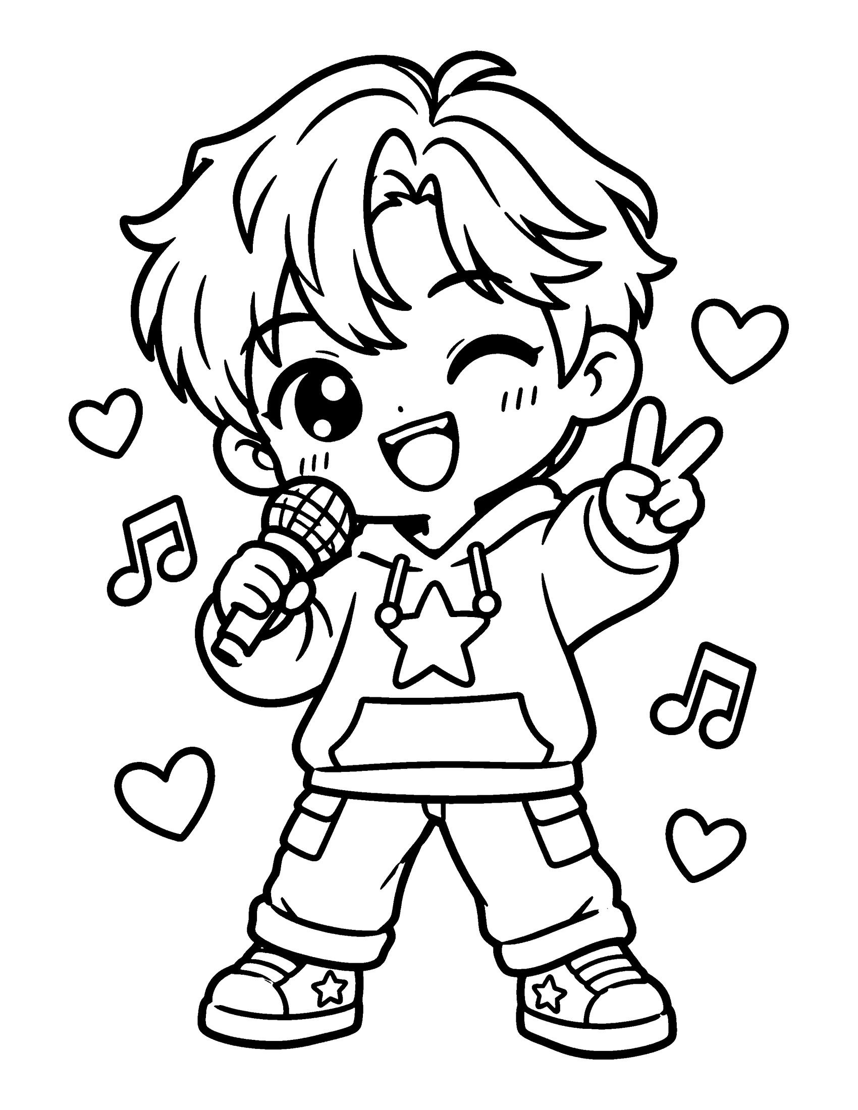 Cute chibi K-pop idol in a star hoodie holding a microphone and making a peace sign, coloring page