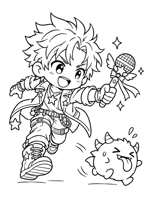 A chibi monster hunter with spiky hair waves his magic microphone at one tiny, cheeky monster, coloring page