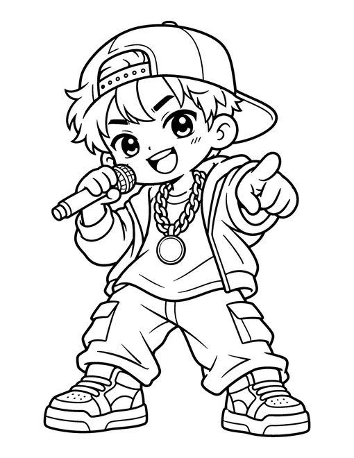 A chibi rapper in a backwards cap, a chain and baggy clothes points at the crowd with his microphone in hand, coloring page
