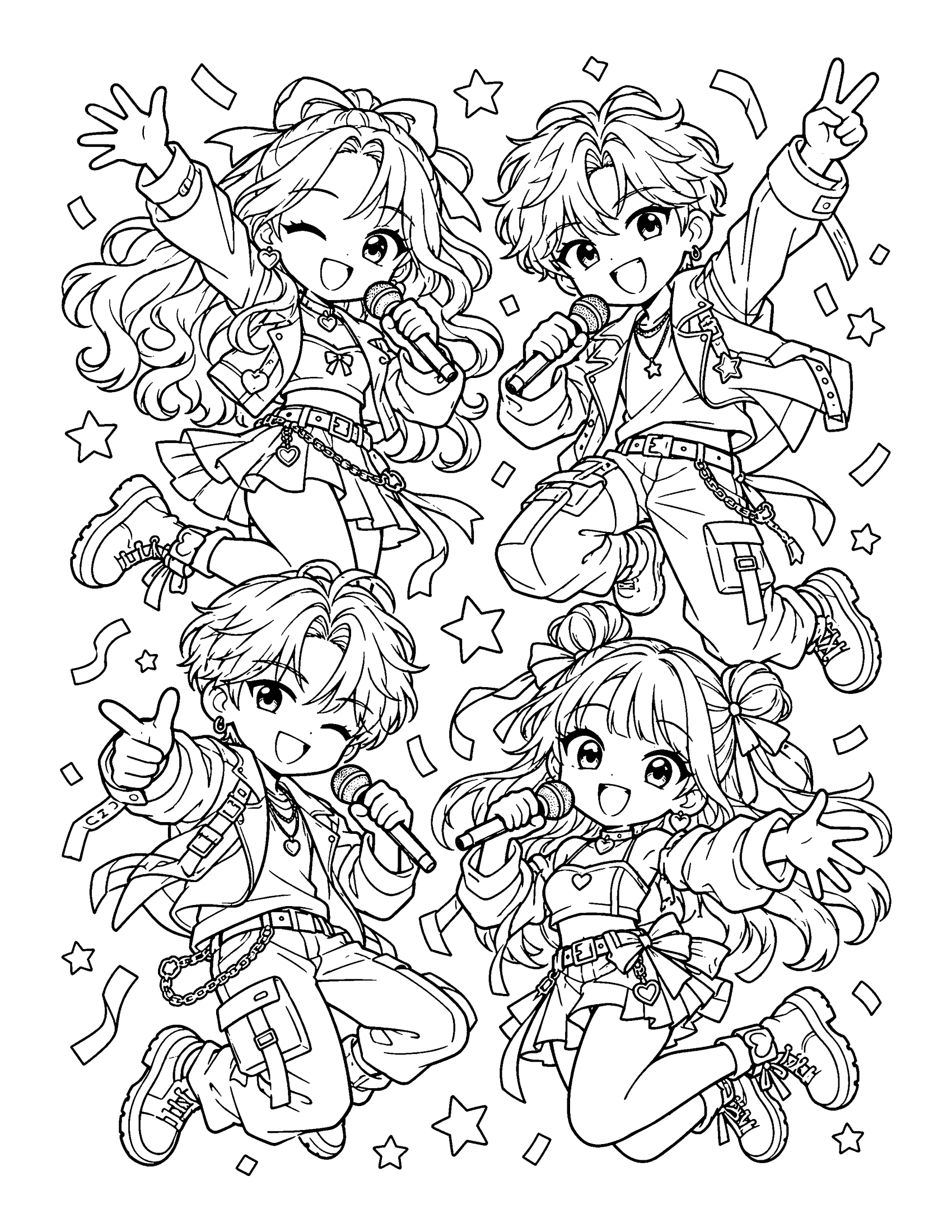 Two girls and two boys jump in the air together with their microphones, in layered stage outfits, coloring page