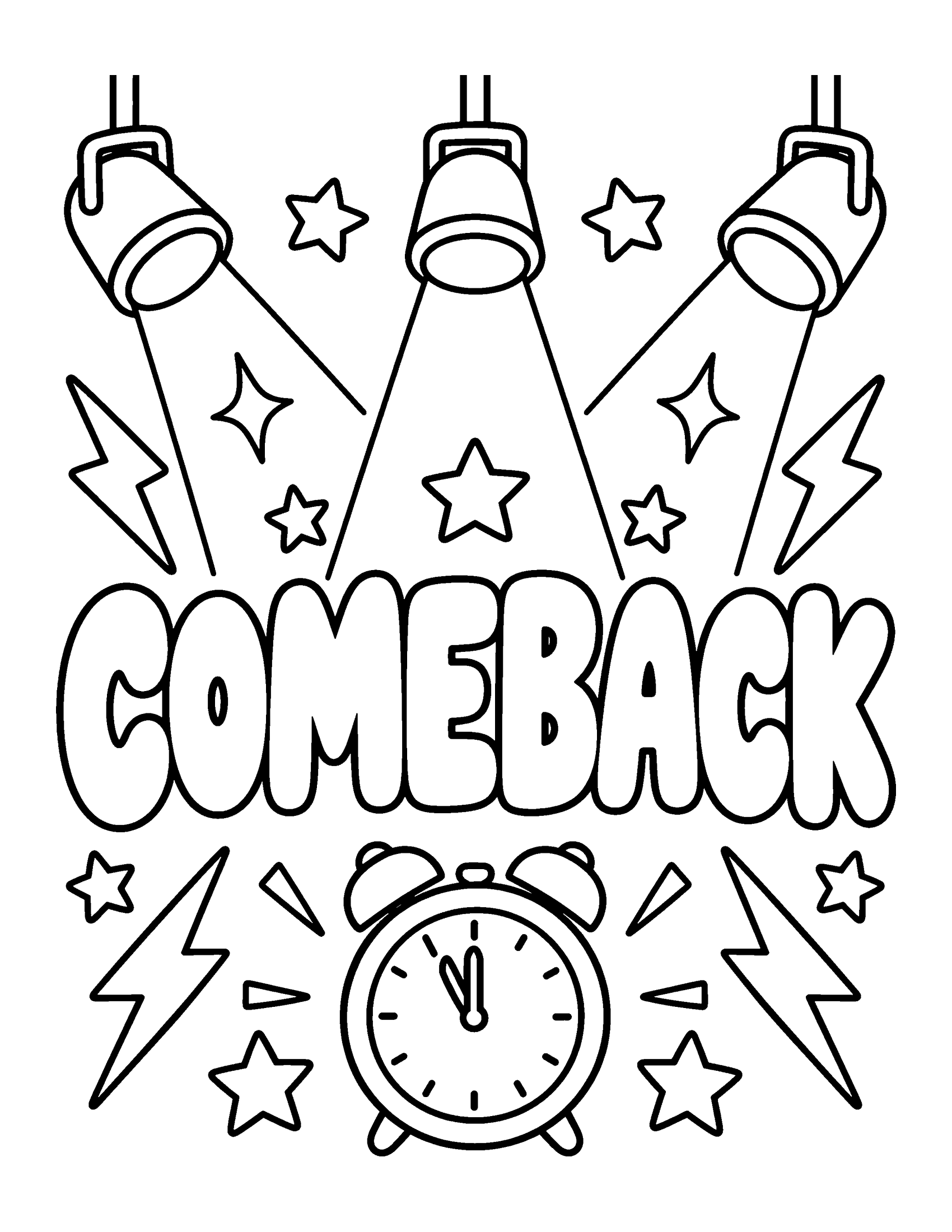 COMEBACK in huge bubble letters with spotlights, a countdown clock, stars and lightning bolts, coloring page