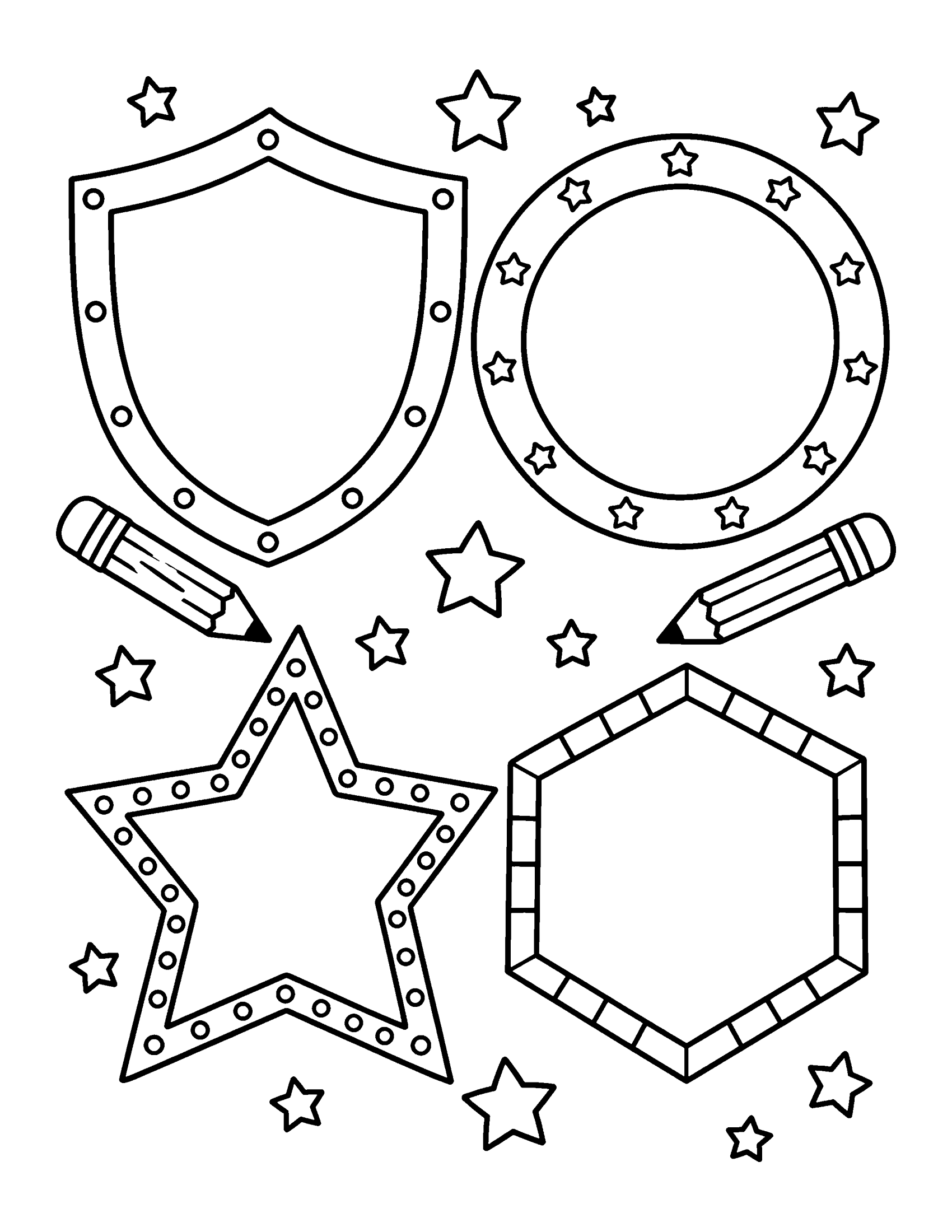 Four empty badges, a shield, a circle, a star and a hexagon, for designing your own group logo, coloring page
